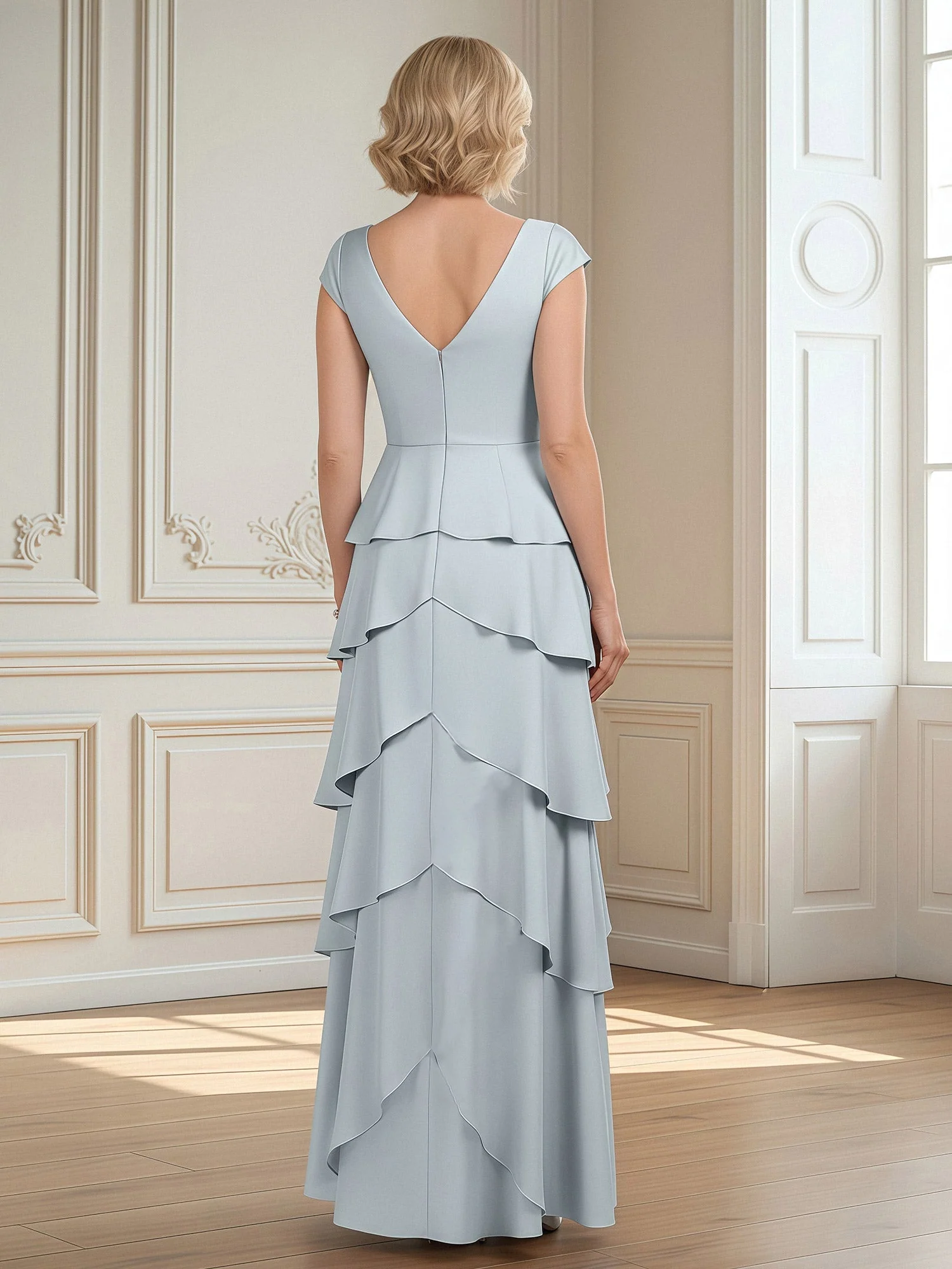 Pleated V-neck Cap Sleeve A-Line Tiered Long Dress Dark Navy - Image 2