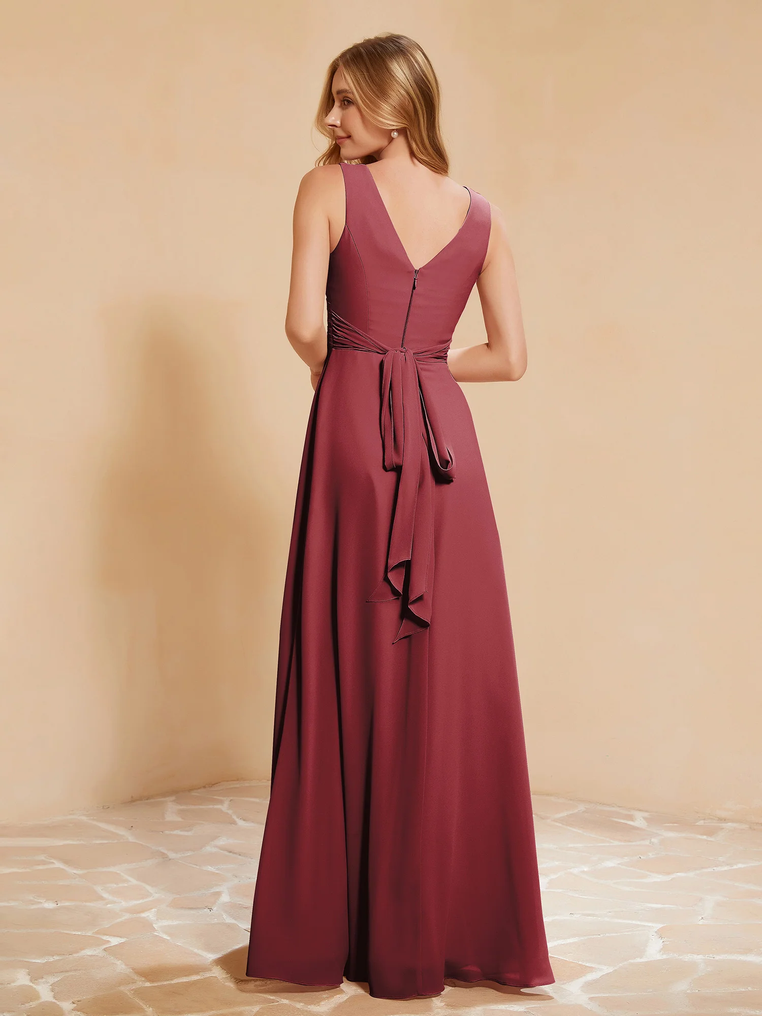 Pleated V-neck Chiffon A-line Dress With Bow Cinnamon Rose - Image 2