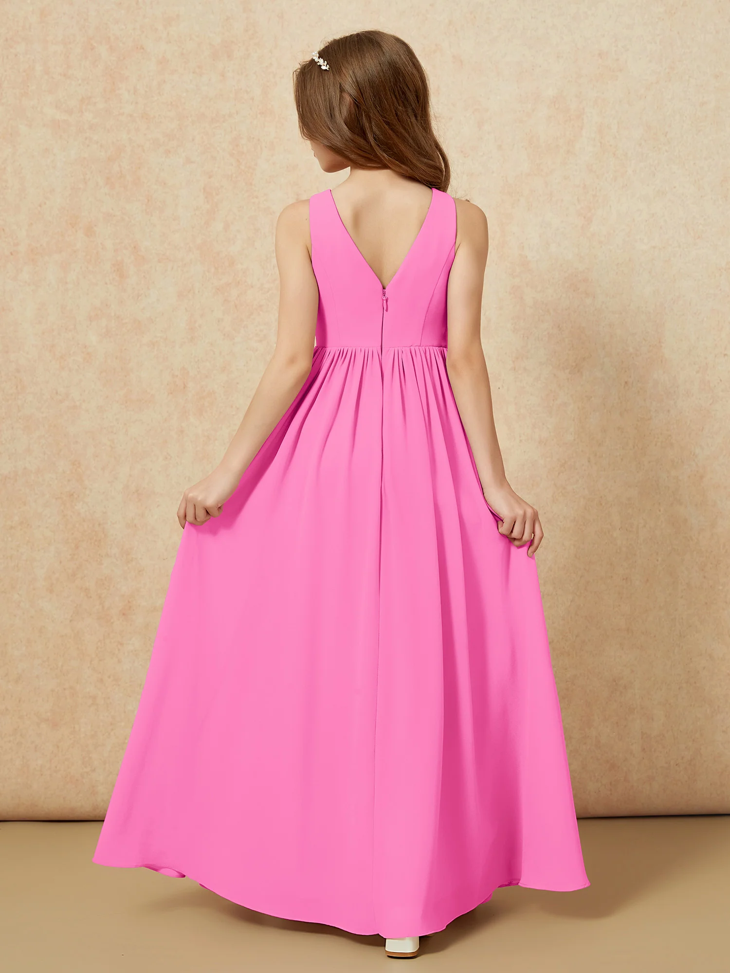 Pleated V-neck Chiffon Long Junior Bridesmaid Dresses Azalea - Image 2