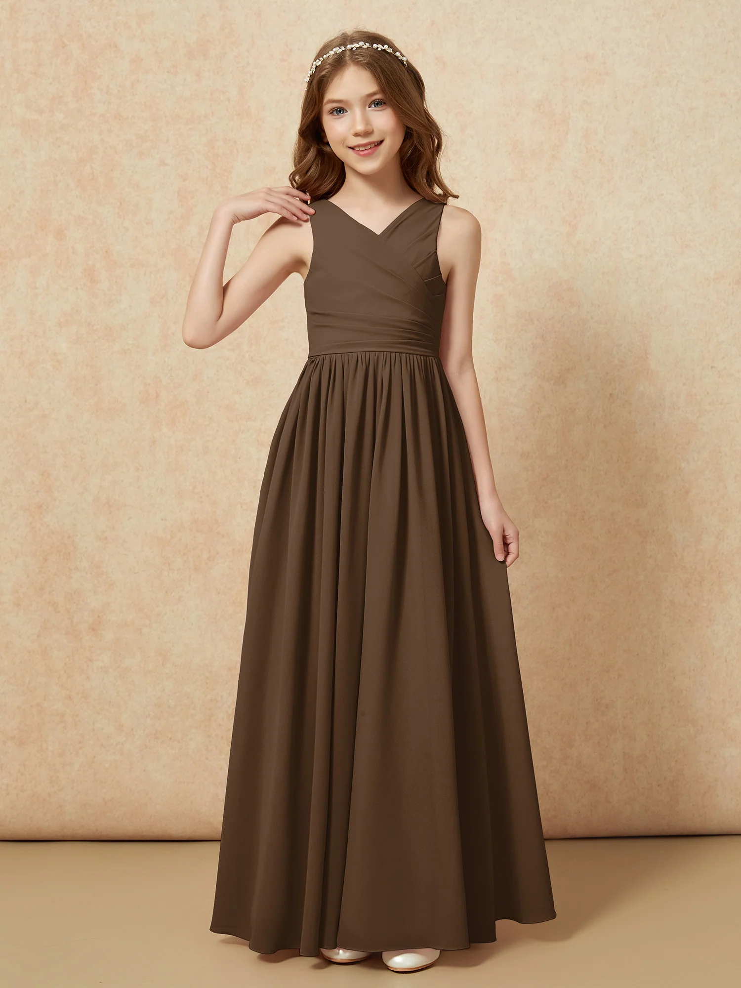 Pleated V-neck Chiffon Long Junior Bridesmaid Dresses Brown
