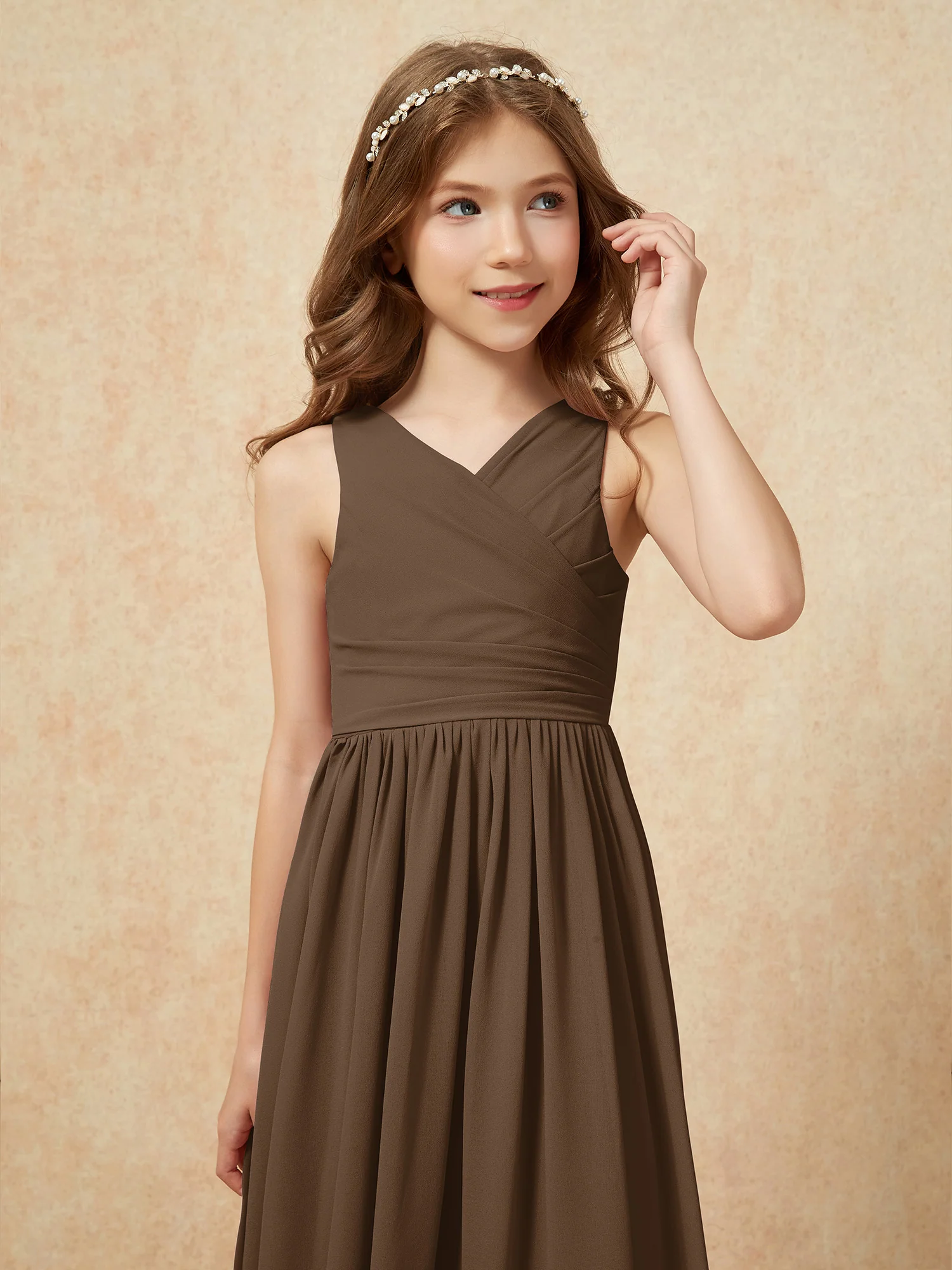 Pleated V-neck Chiffon Long Junior Bridesmaid Dresses Brown - Image 6