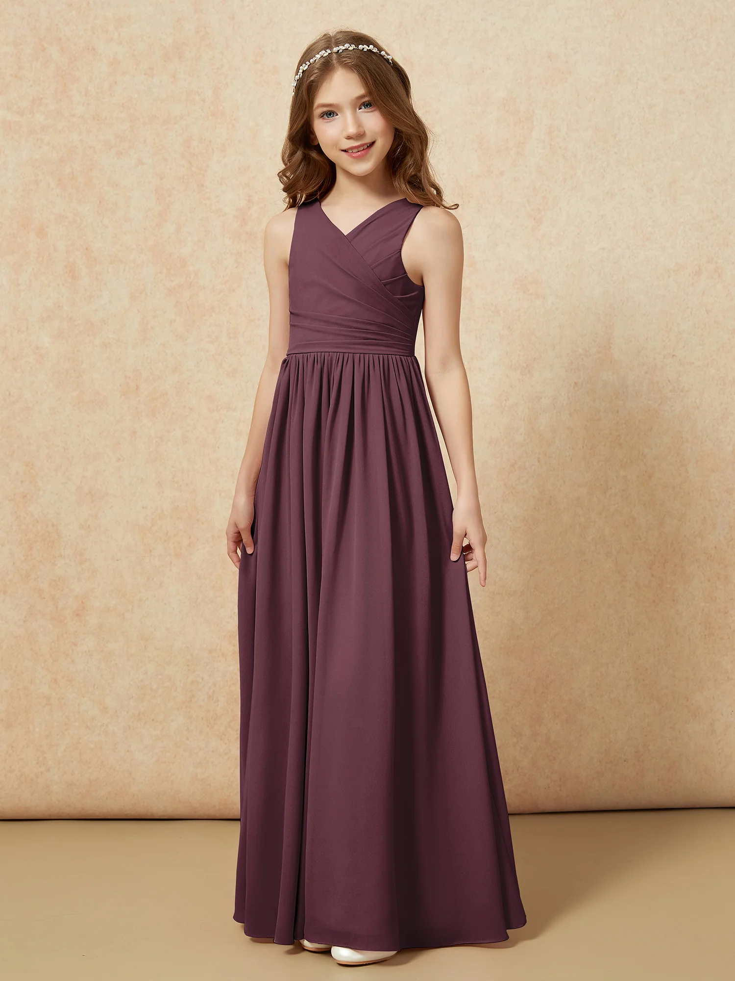 Pleated V-neck Chiffon Long Junior Bridesmaid Dresses Cabernet - Image 3