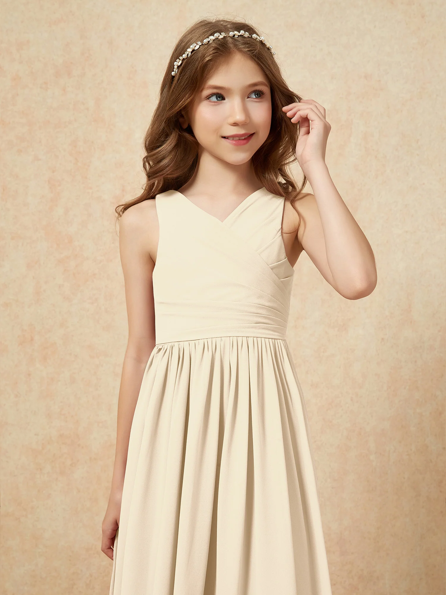 Pleated V-neck Chiffon Long Junior Bridesmaid Dresses Champagne - Image 6