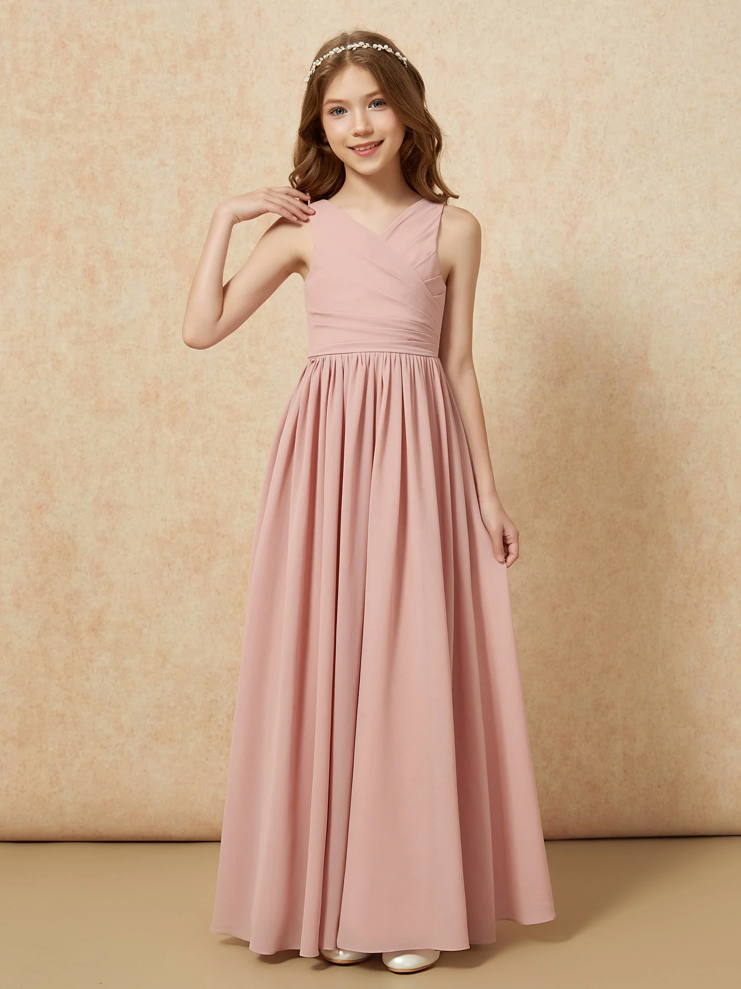 Pleated V-neck Chiffon Long Junior Bridesmaid Dresses Dusty Rose