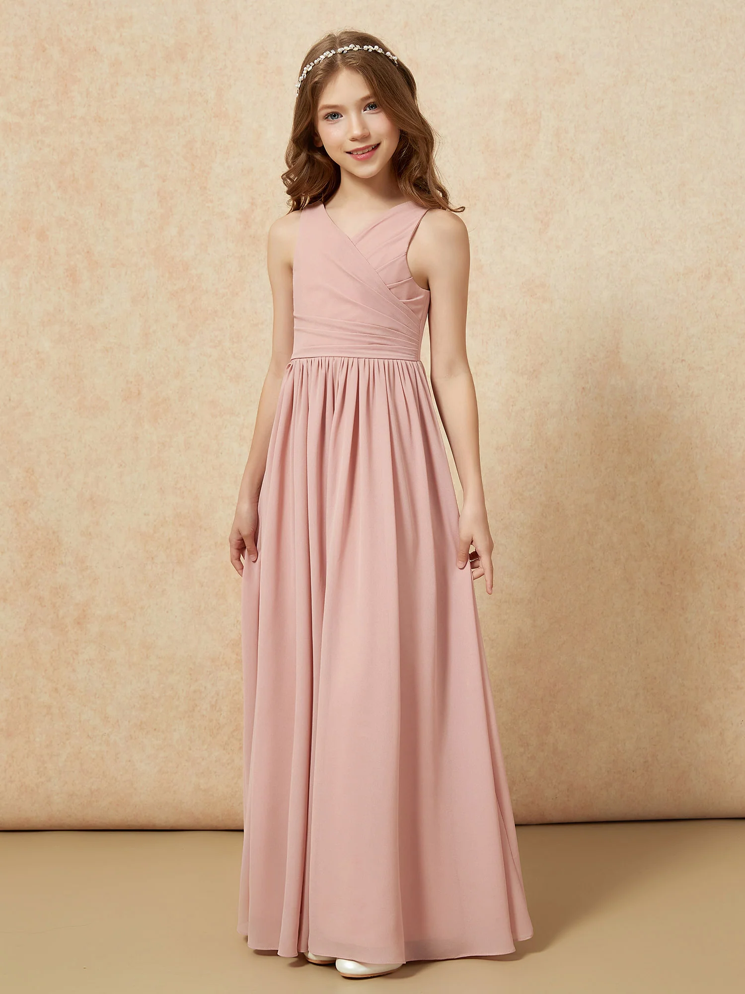 Pleated V-neck Chiffon Long Junior Bridesmaid Dresses Dusty Rose - Image 3