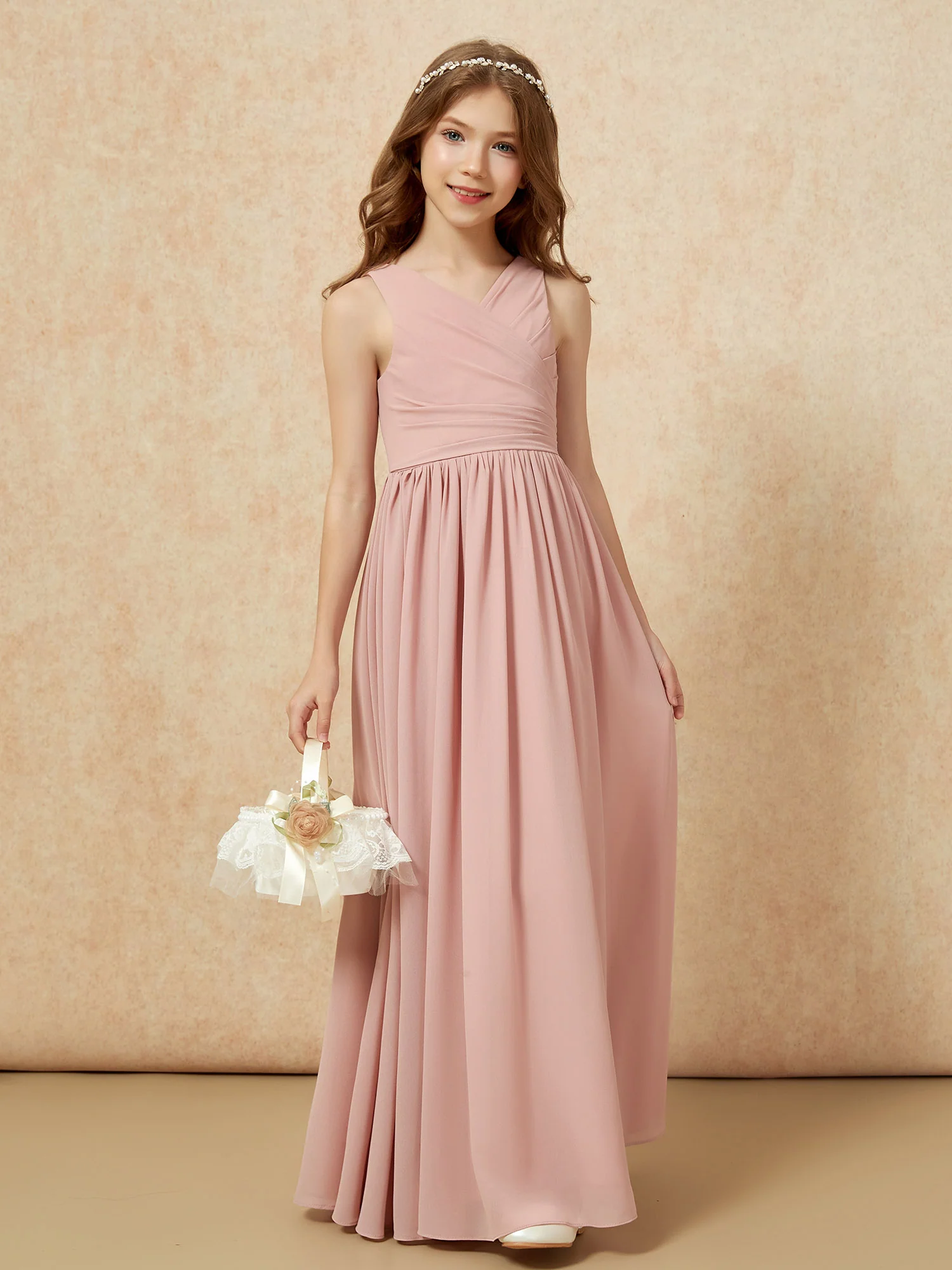 Pleated V-neck Chiffon Long Junior Bridesmaid Dresses Dusty Rose - Image 4