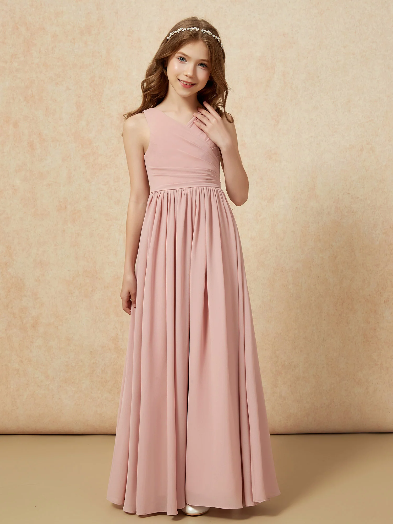 Pleated V-neck Chiffon Long Junior Bridesmaid Dresses Dusty Rose - Image 5