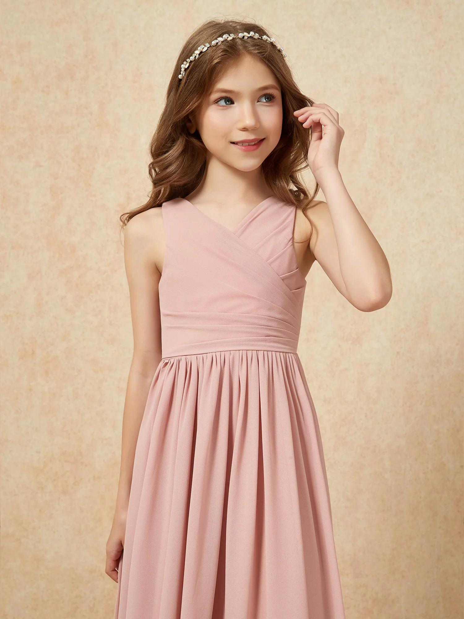 Pleated V-neck Chiffon Long Junior Bridesmaid Dresses Dusty Rose - Image 6
