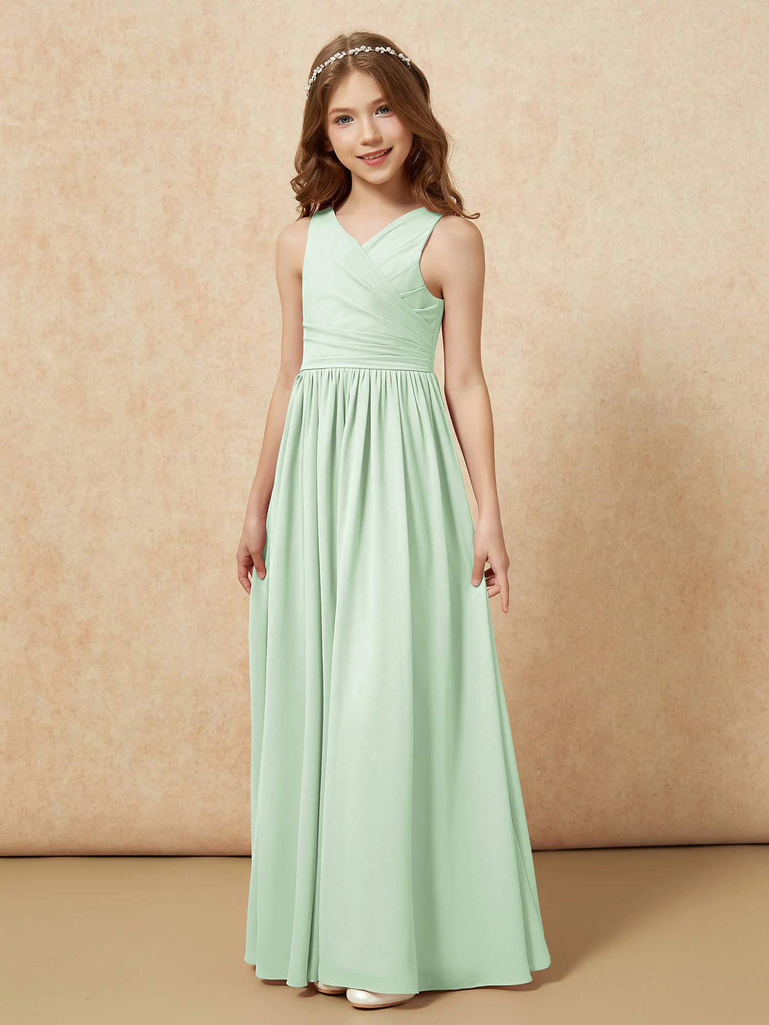 Pleated V-neck Chiffon Long Junior Bridesmaid Dresses Dusty Sage - Image 3