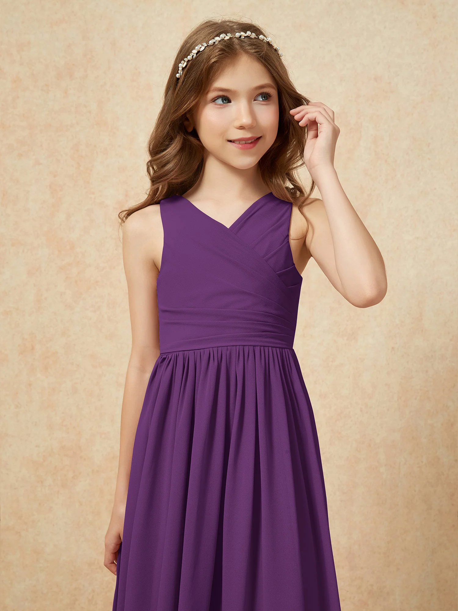 Pleated V-neck Chiffon Long Junior Bridesmaid Dresses Grape - Image 6