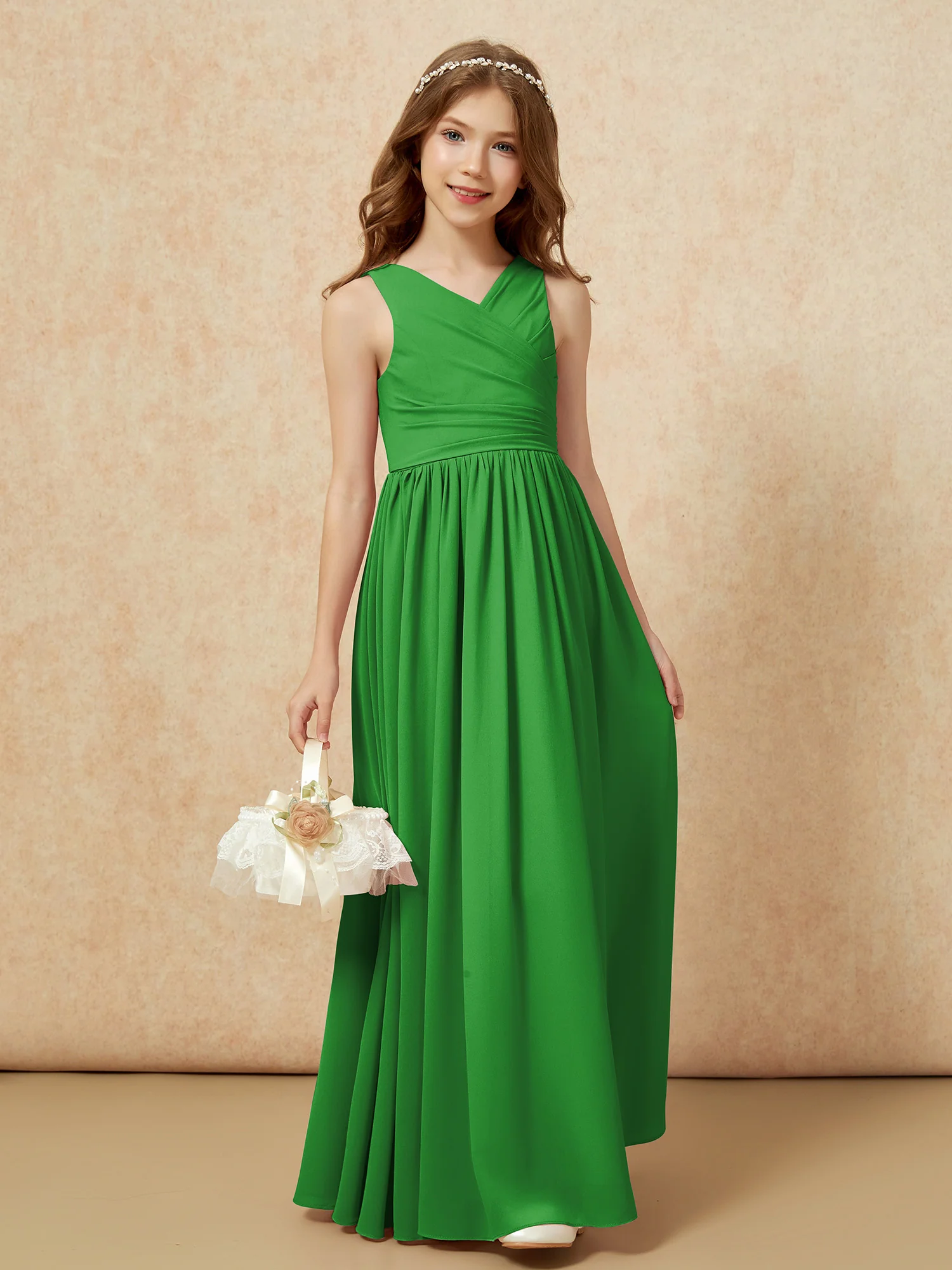 Pleated V-neck Chiffon Long Junior Bridesmaid Dresses Green - Image 4
