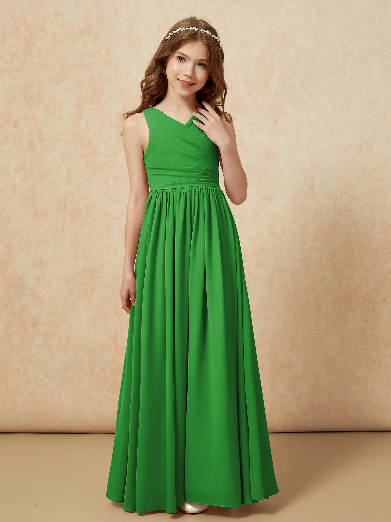 Pleated V-neck Chiffon Long Junior Bridesmaid Dresses Green - Image 5