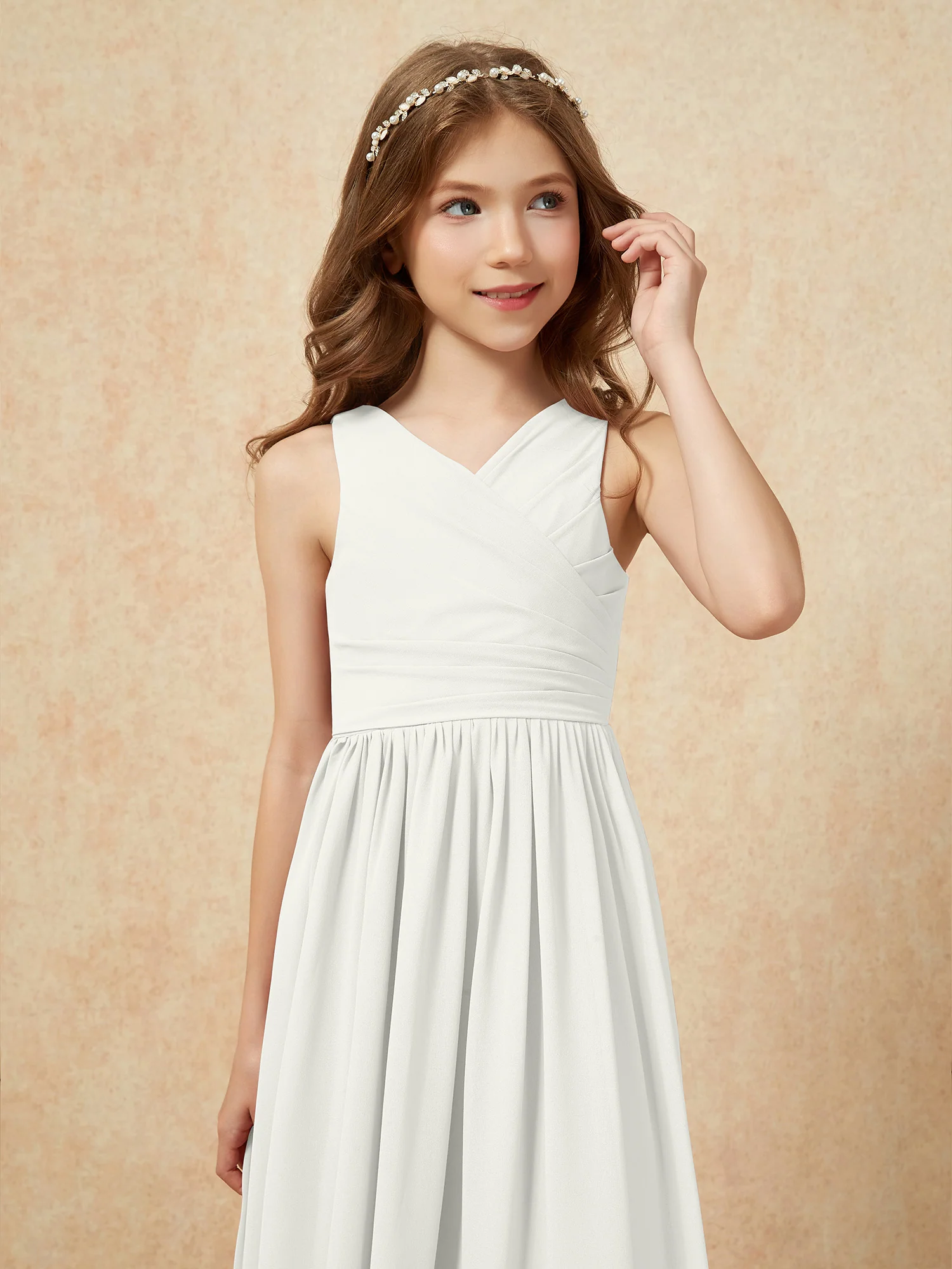 Pleated V-neck Chiffon Long Junior Bridesmaid Dresses Ivory - Image 6