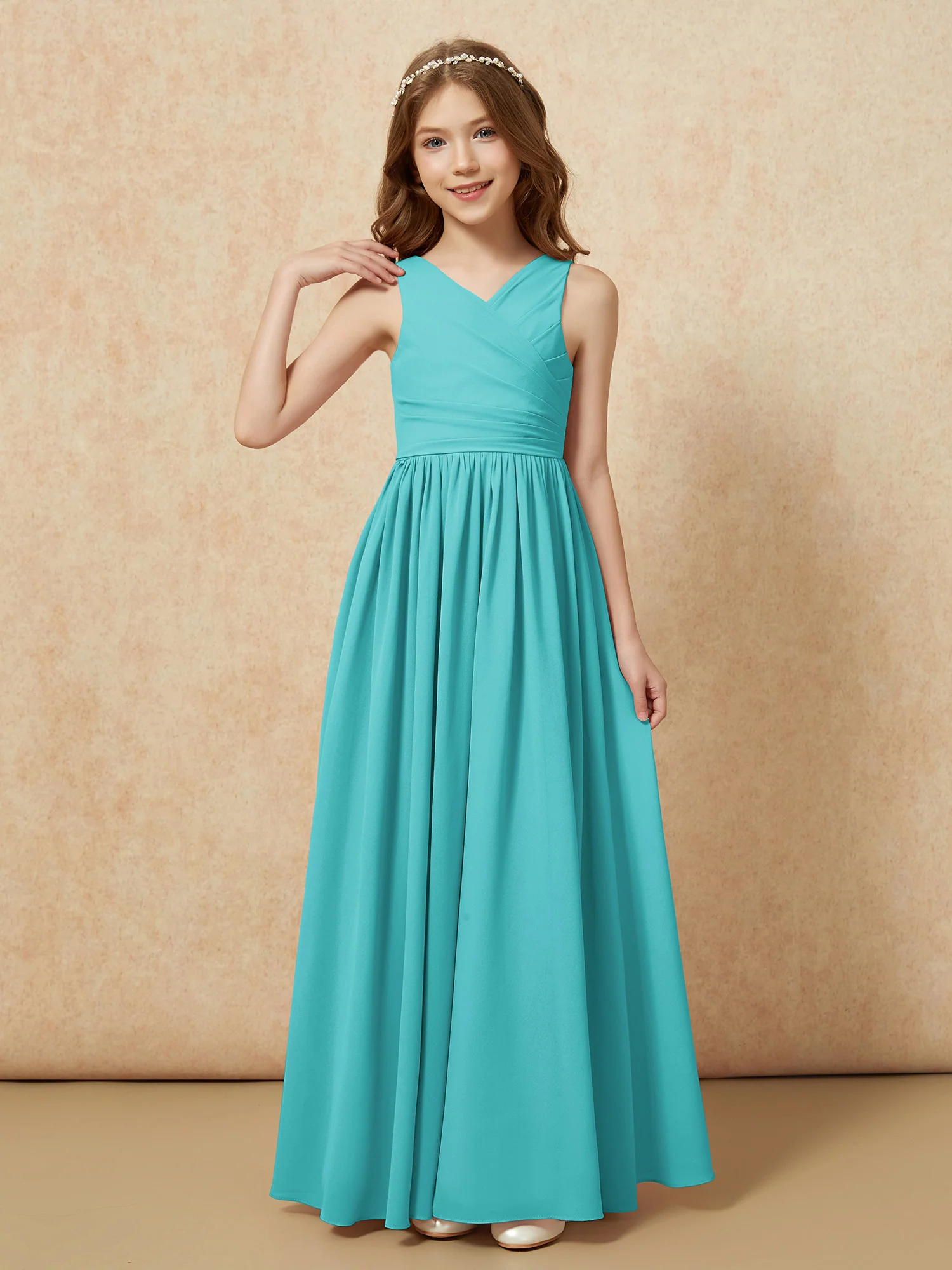 Pleated V-neck Chiffon Long Junior Bridesmaid Dresses Jade