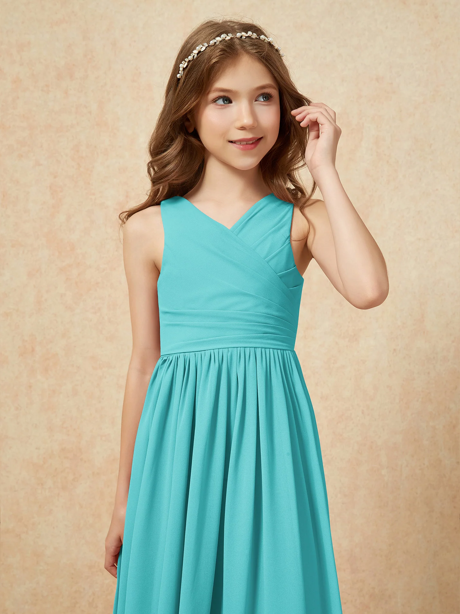 Pleated V-neck Chiffon Long Junior Bridesmaid Dresses Jade - Image 6