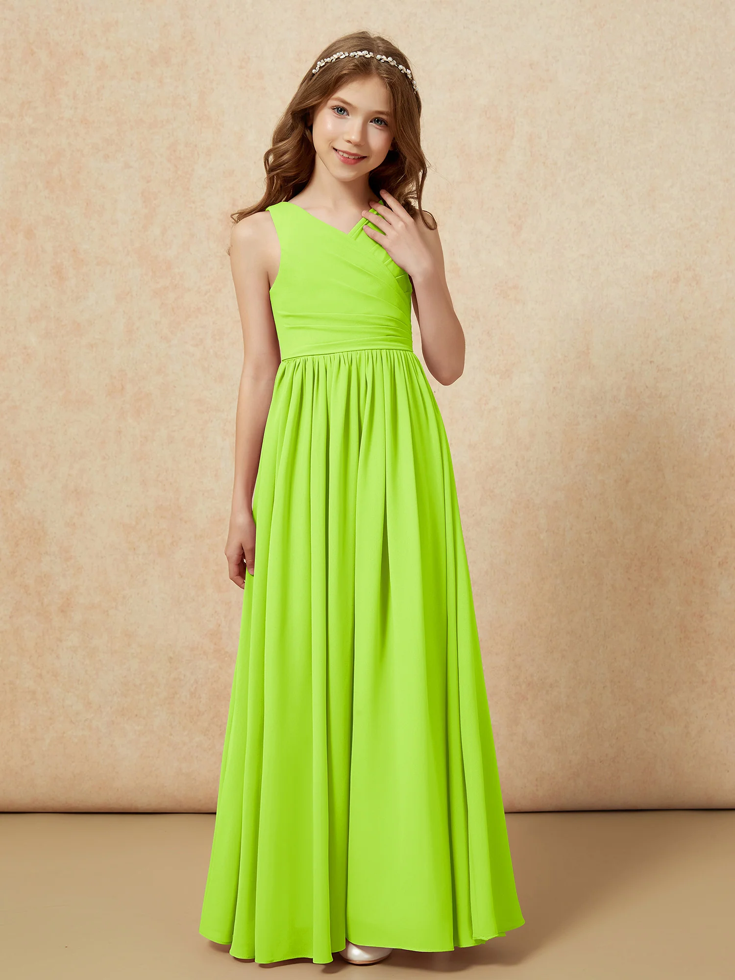Pleated V-neck Chiffon Long Junior Bridesmaid Dresses Lime Green - Image 5