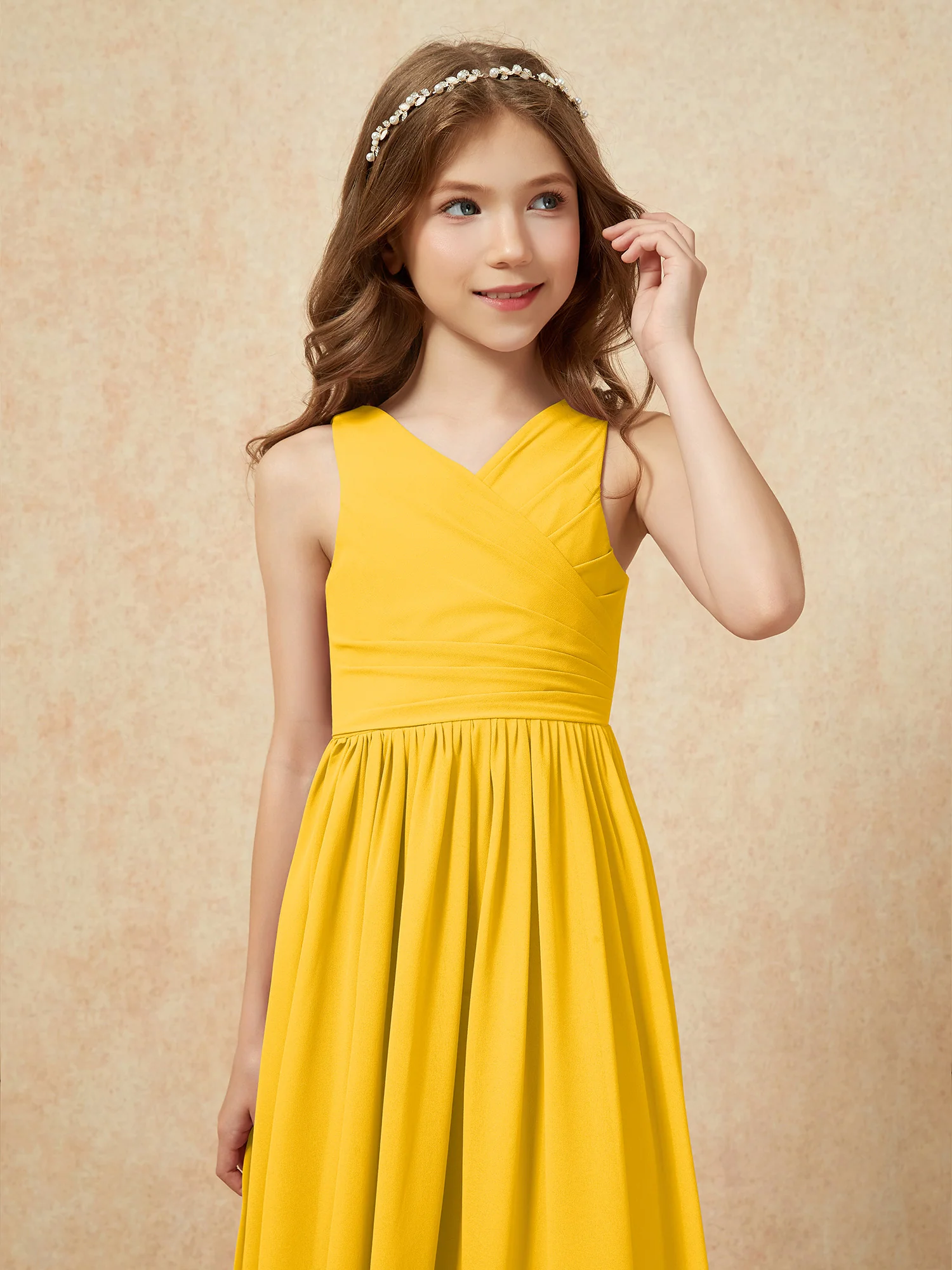 Pleated V-neck Chiffon Long Junior Bridesmaid Dresses Marigold - Image 6