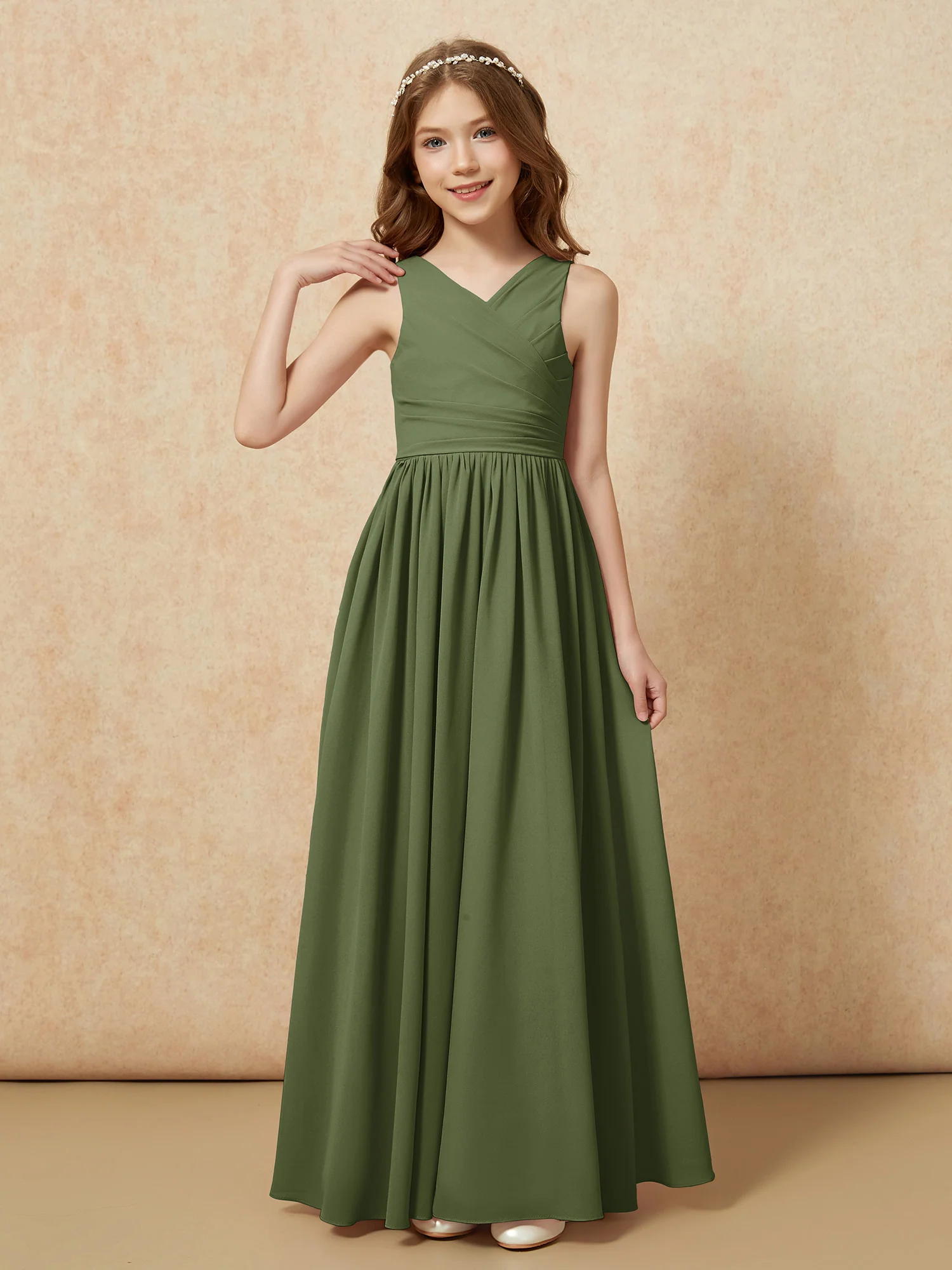 Pleated V-neck Chiffon Long Junior Bridesmaid Dresses Olive Green