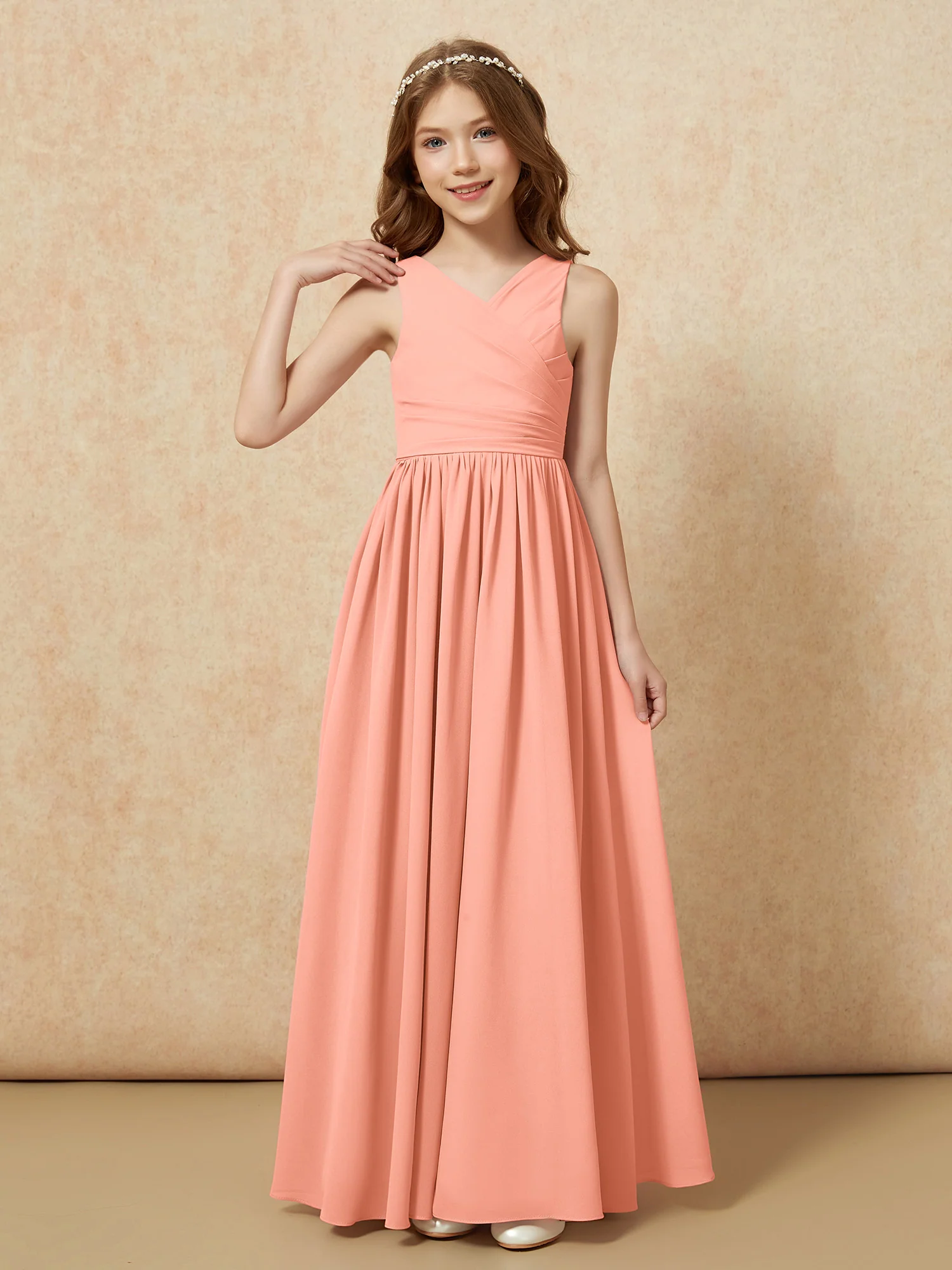 Pleated V-neck Chiffon Long Junior Bridesmaid Dresses Papaya