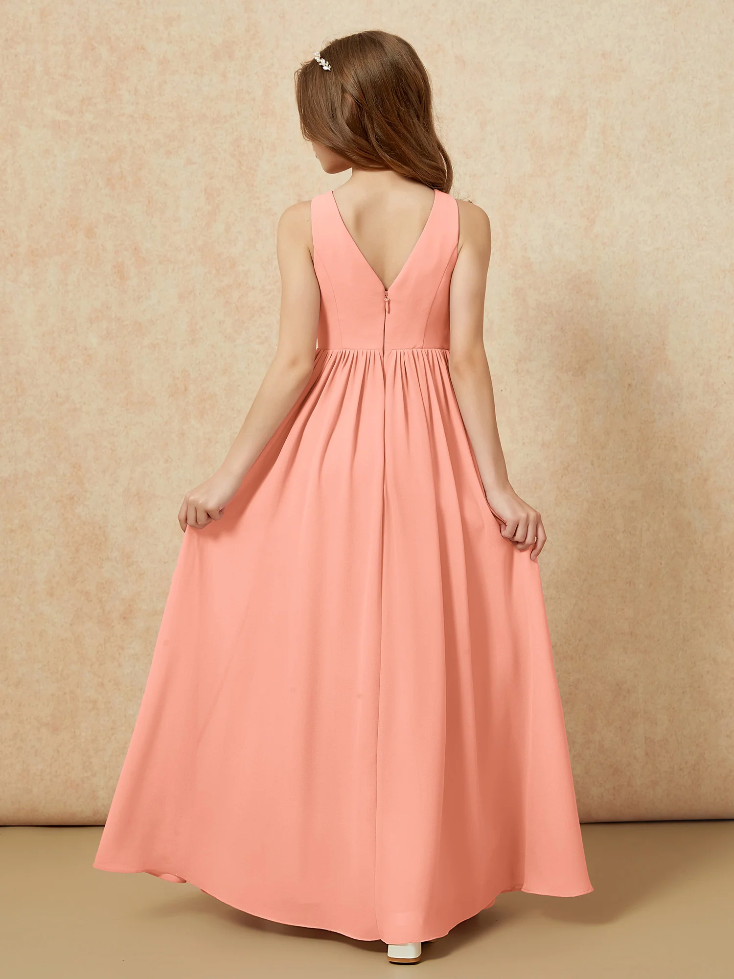 Pleated V-neck Chiffon Long Junior Bridesmaid Dresses Papaya - Image 2