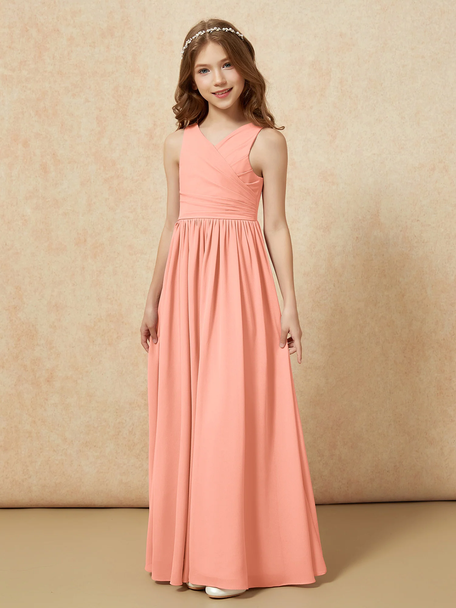 Pleated V-neck Chiffon Long Junior Bridesmaid Dresses Papaya - Image 3