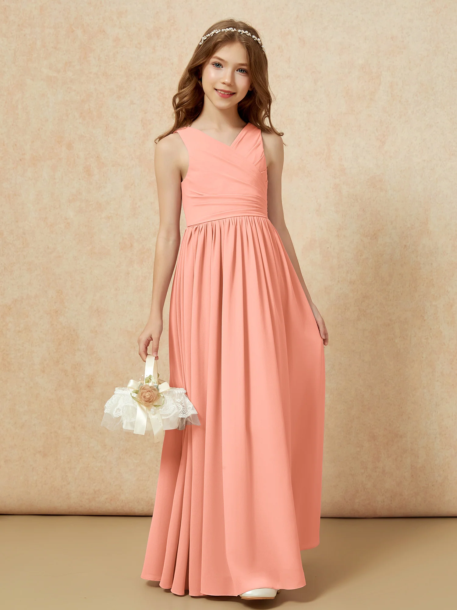 Pleated V-neck Chiffon Long Junior Bridesmaid Dresses Papaya - Image 4