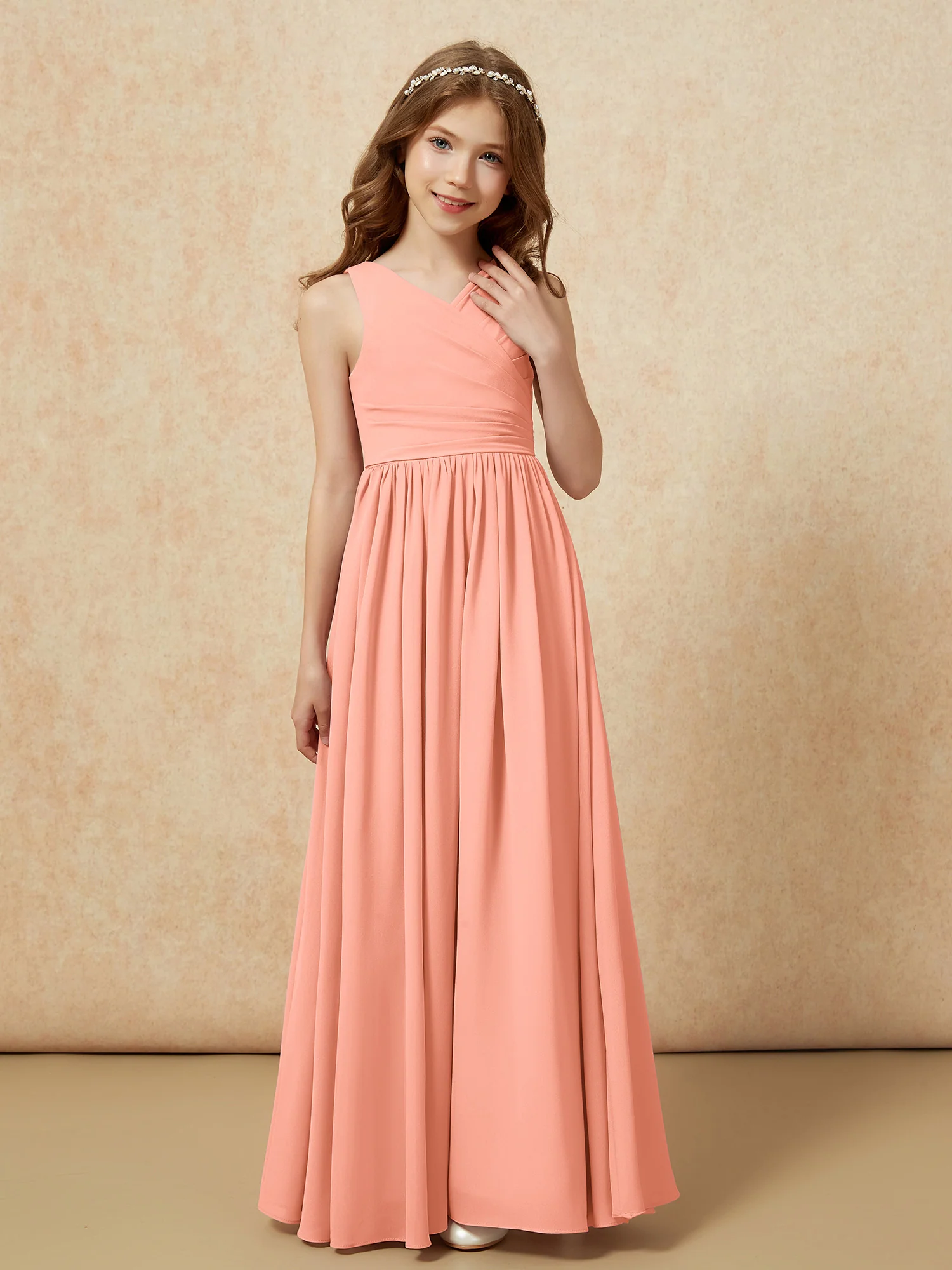 Pleated V-neck Chiffon Long Junior Bridesmaid Dresses Papaya - Image 5