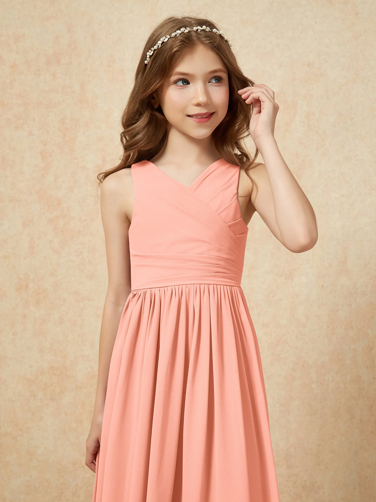 Pleated V-neck Chiffon Long Junior Bridesmaid Dresses Papaya - Image 6