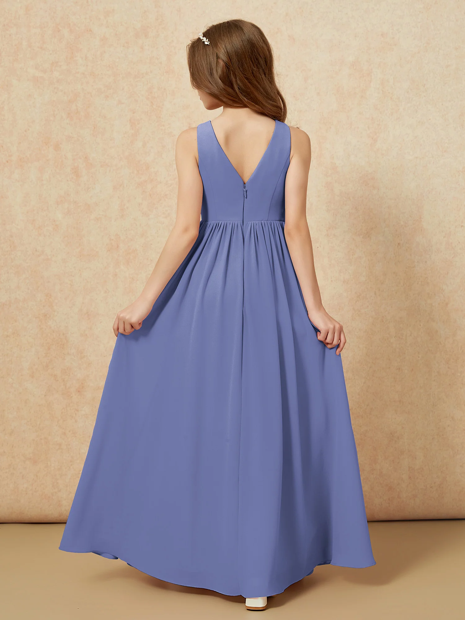 Pleated V-neck Chiffon Long Junior Bridesmaid Dresses Periwinkle - Image 2