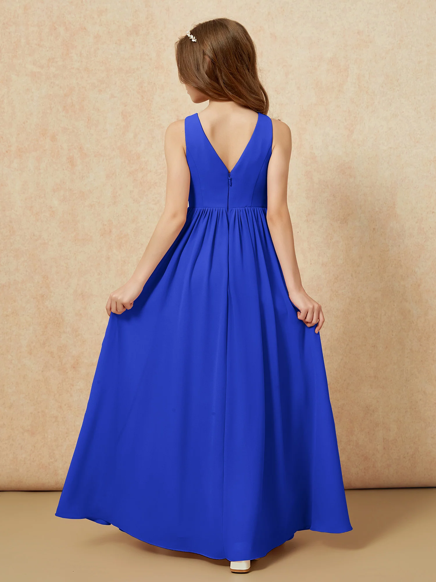 Pleated V-neck Chiffon Long Junior Bridesmaid Dresses Royal Blue - Image 2