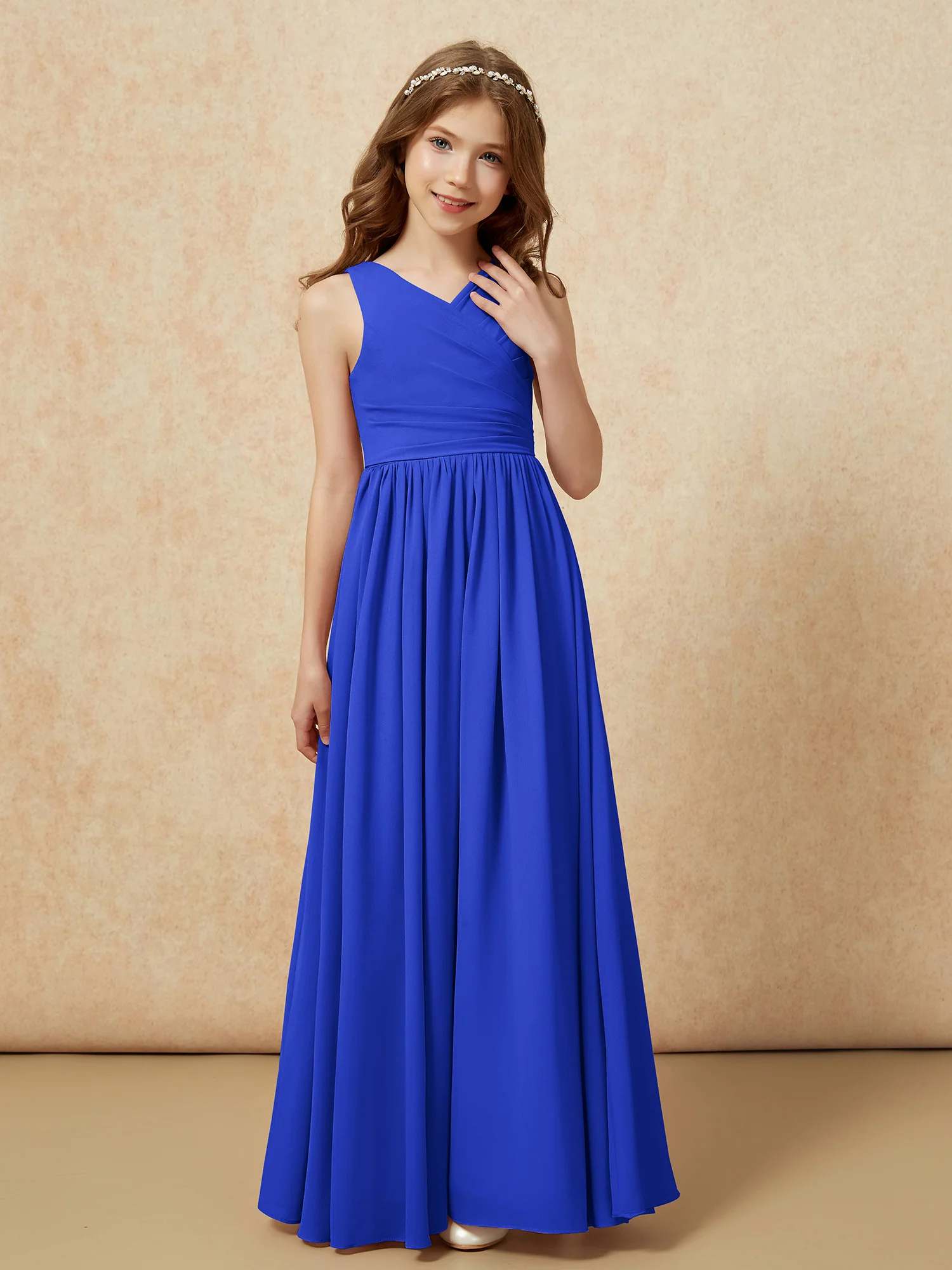 Pleated V-neck Chiffon Long Junior Bridesmaid Dresses Royal Blue - Image 5