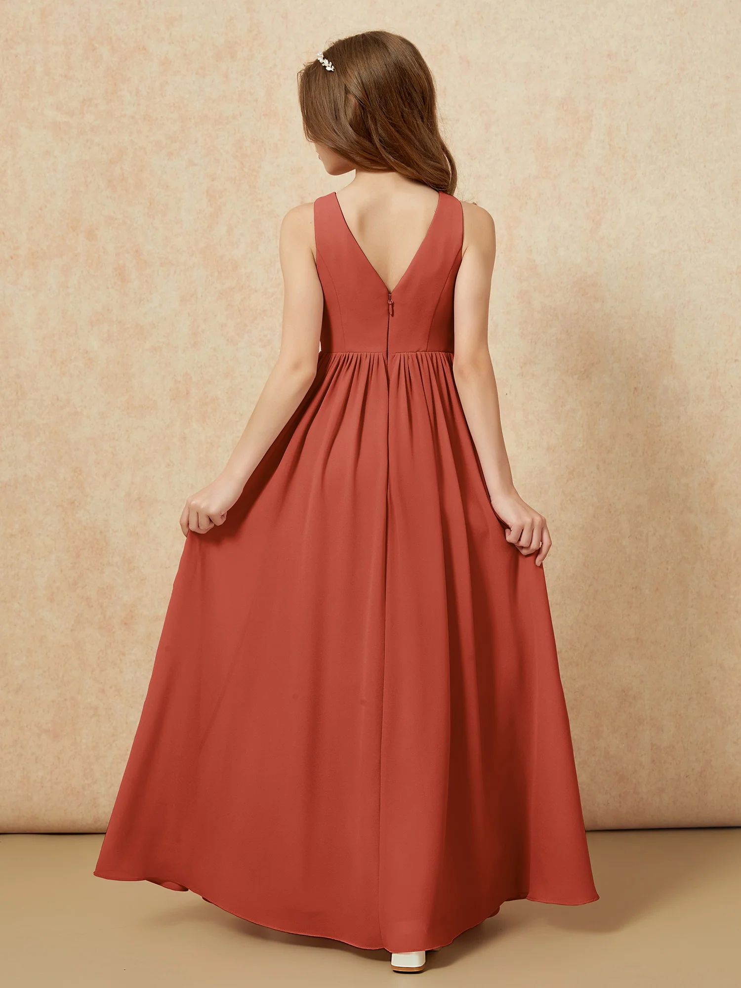 Pleated V-neck Chiffon Long Junior Bridesmaid Dresses Rust - Image 2