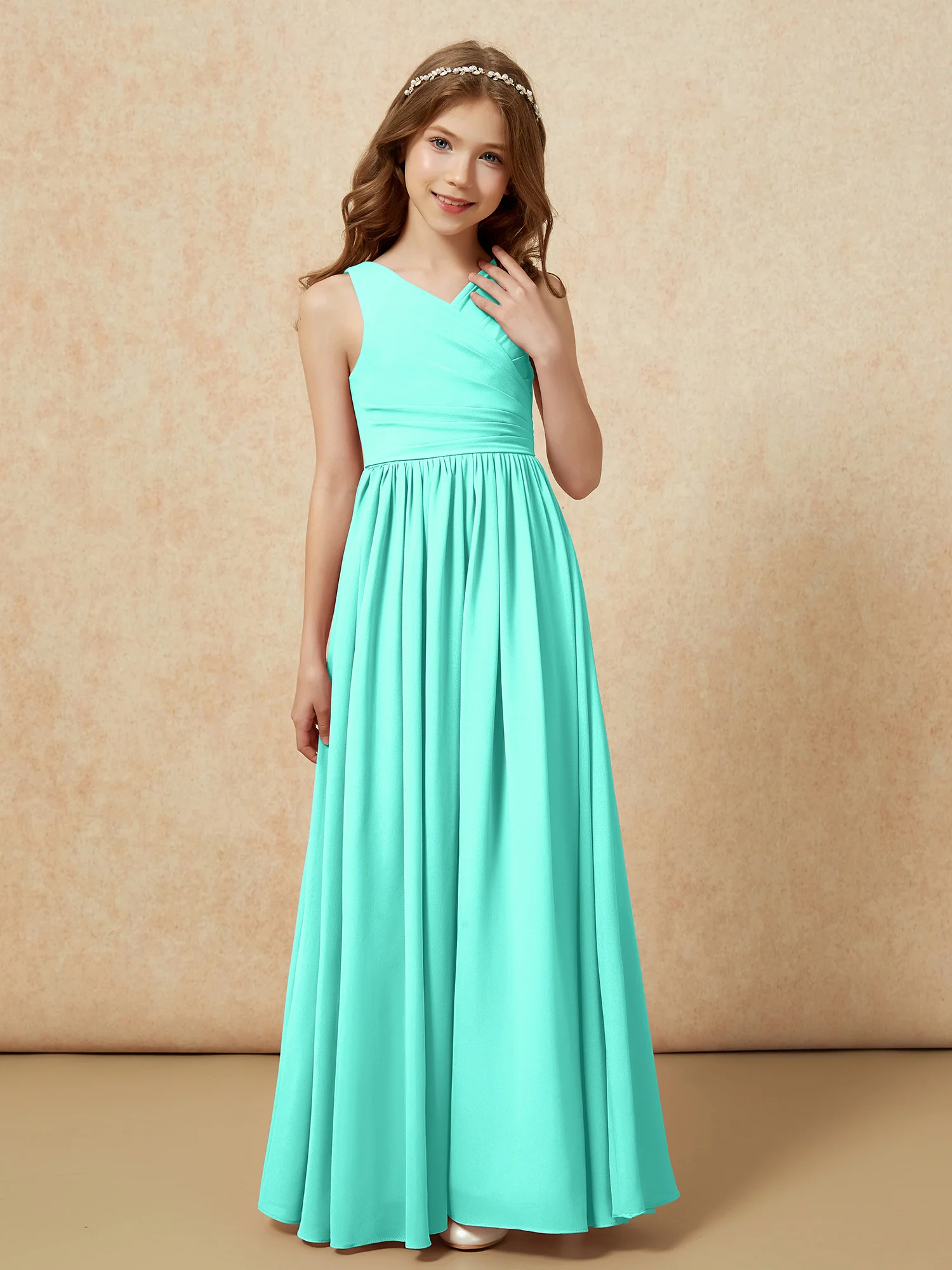 Pleated V-neck Chiffon Long Junior Bridesmaid Dresses Spa - Image 5