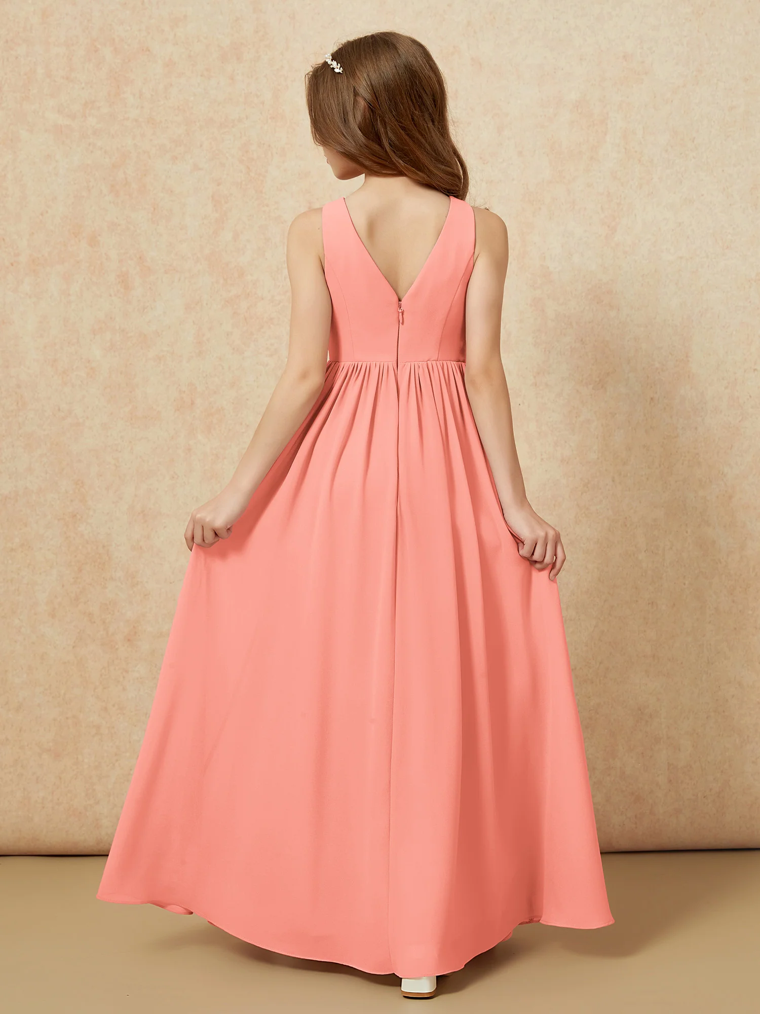 Pleated V-neck Chiffon Long Junior Bridesmaid Dresses Sunset - Image 2