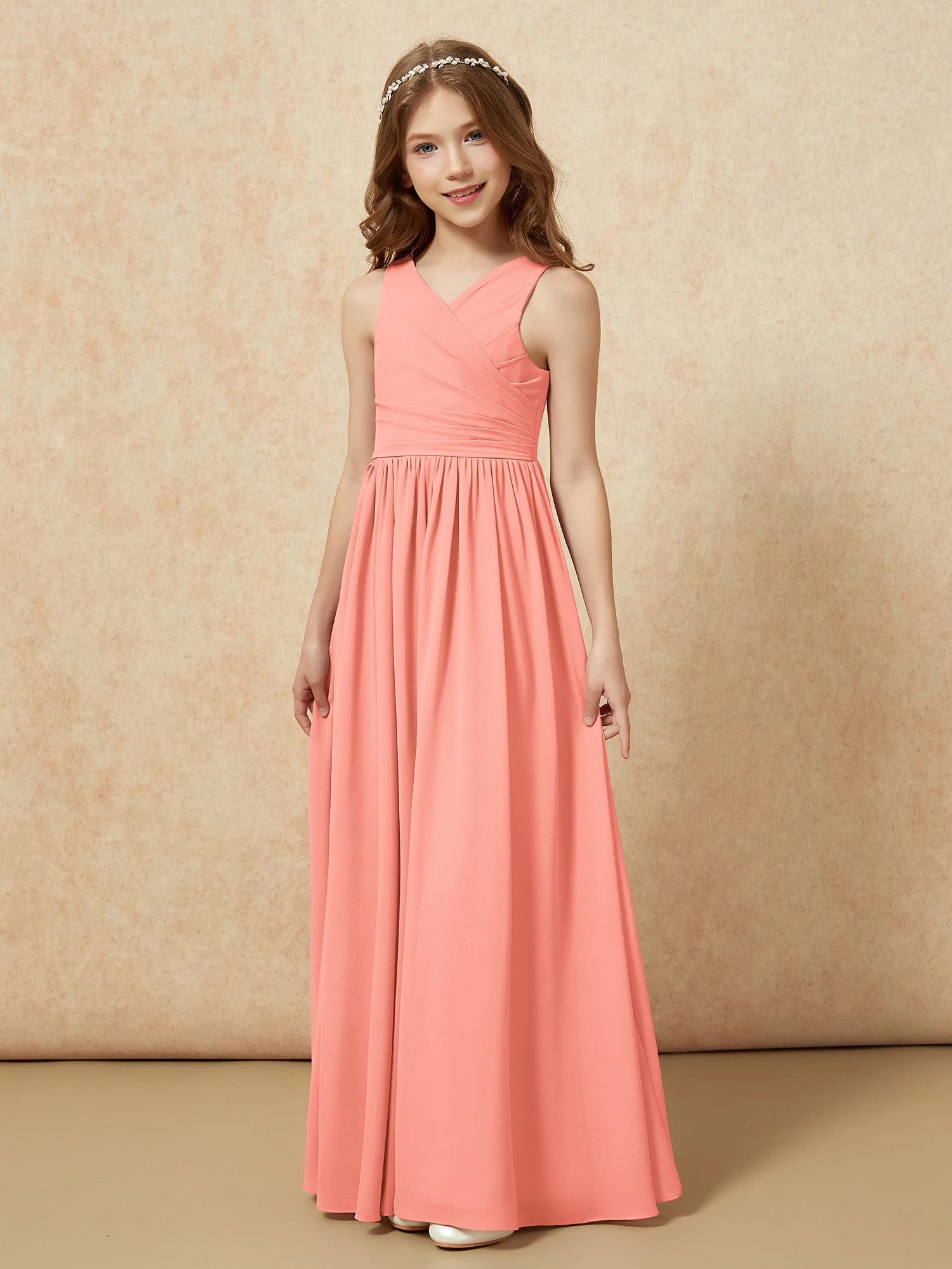 Pleated V-neck Chiffon Long Junior Bridesmaid Dresses Sunset - Image 3