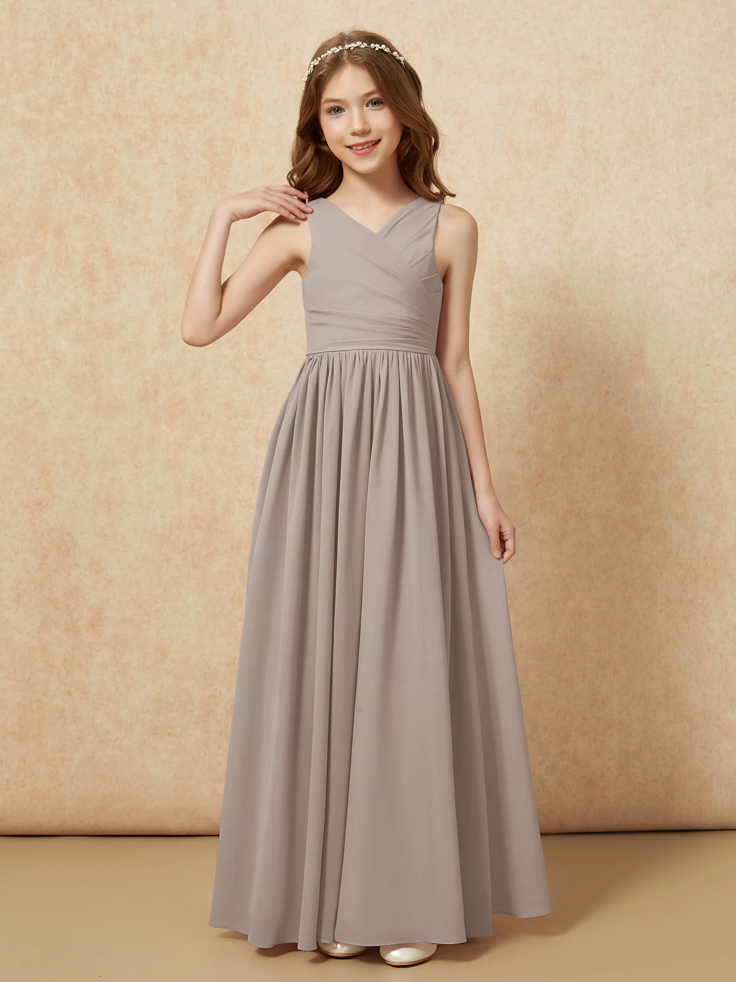 Pleated V-neck Chiffon Long Junior Bridesmaid Dresses Taupe