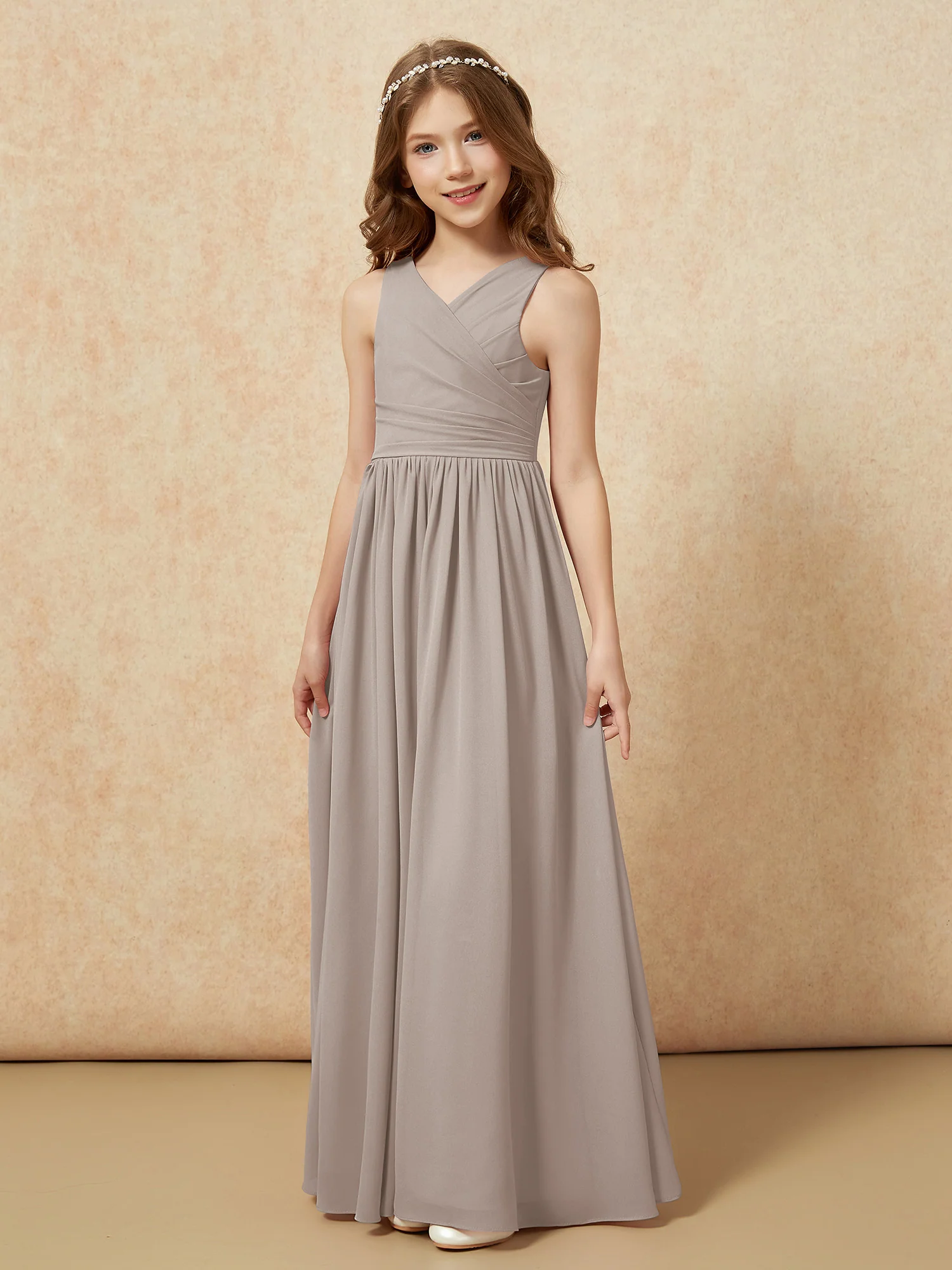 Pleated V-neck Chiffon Long Junior Bridesmaid Dresses Taupe - Image 3