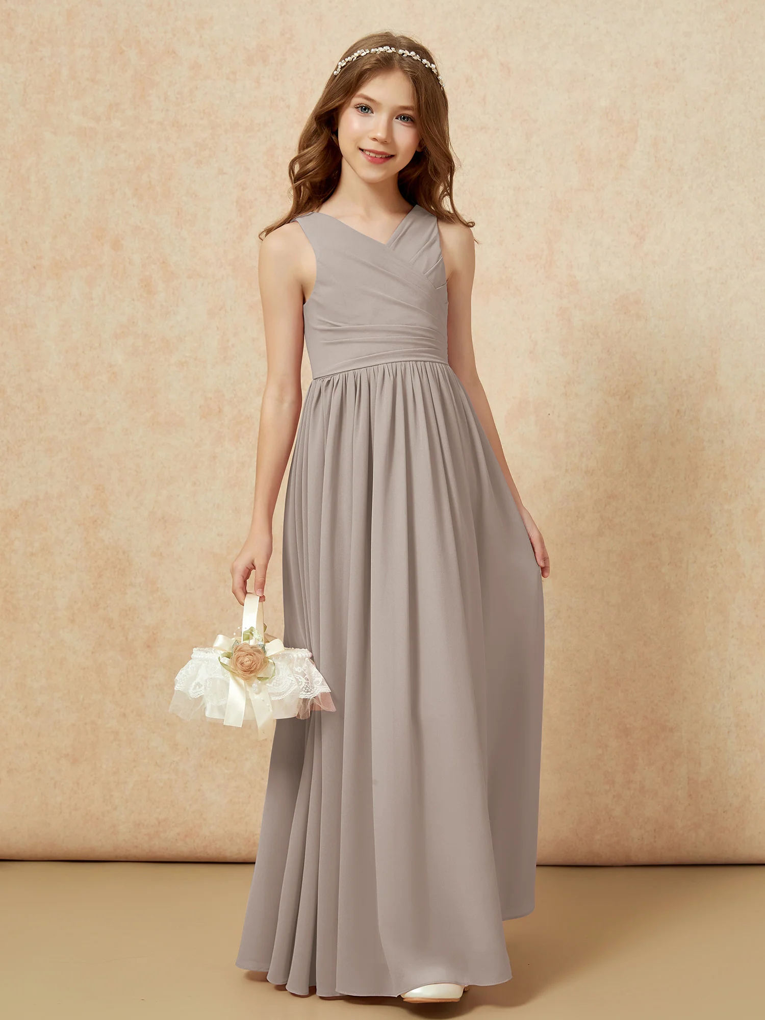 Pleated V-neck Chiffon Long Junior Bridesmaid Dresses Taupe - Image 4