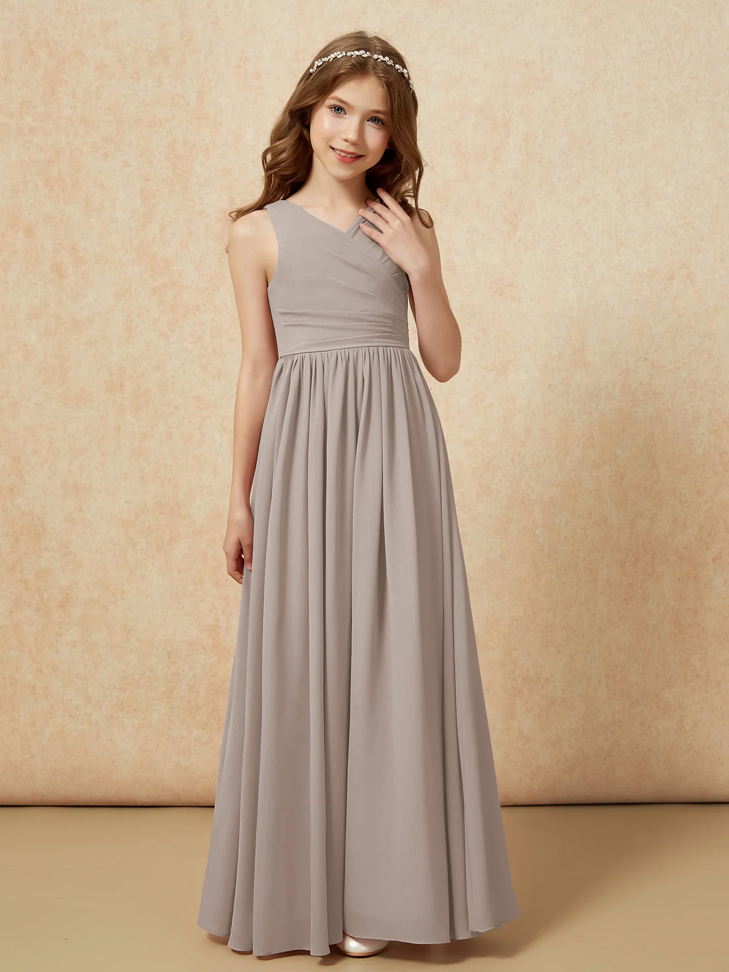 Pleated V-neck Chiffon Long Junior Bridesmaid Dresses Taupe - Image 5