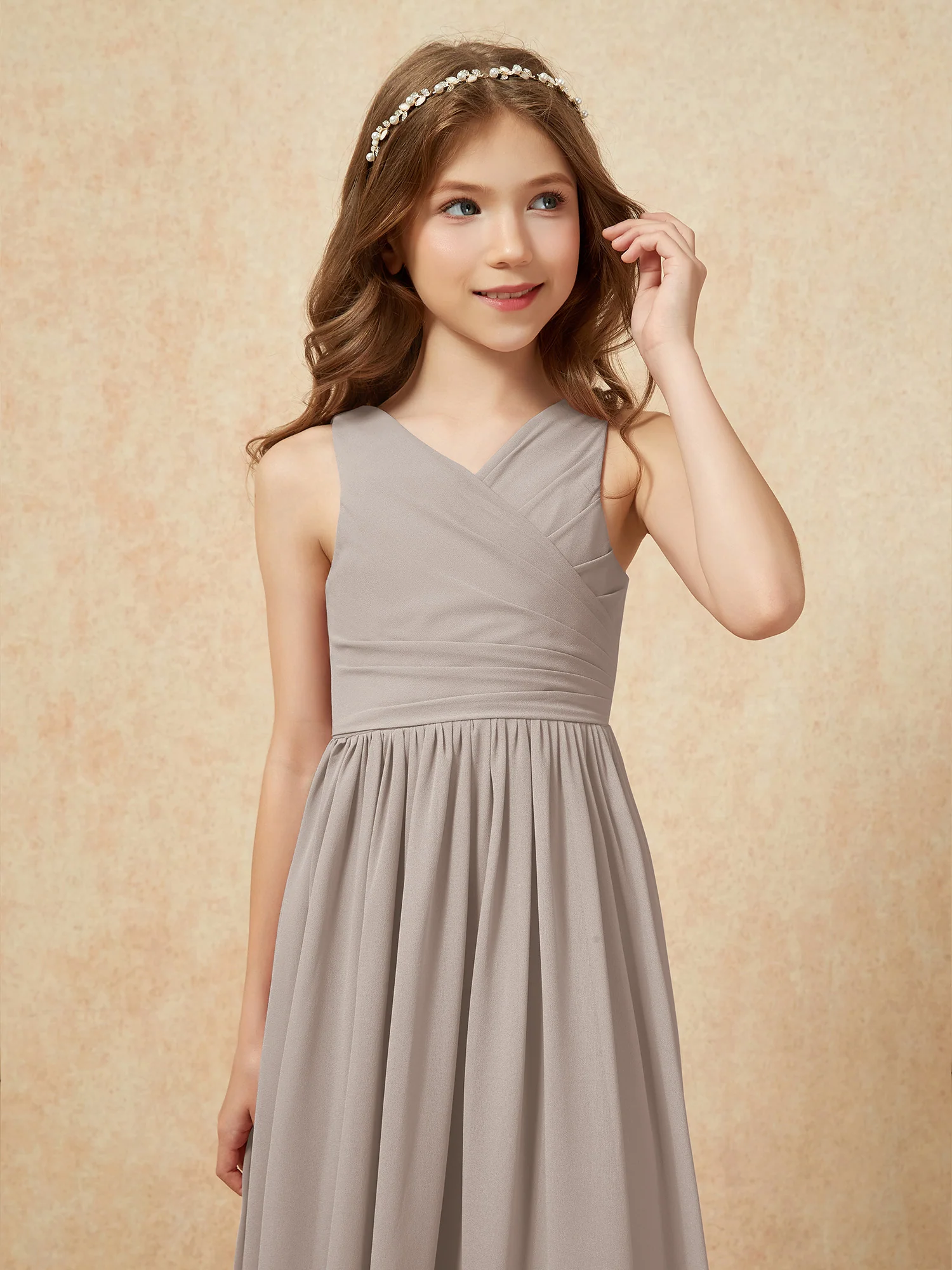 Pleated V-neck Chiffon Long Junior Bridesmaid Dresses Taupe - Image 6