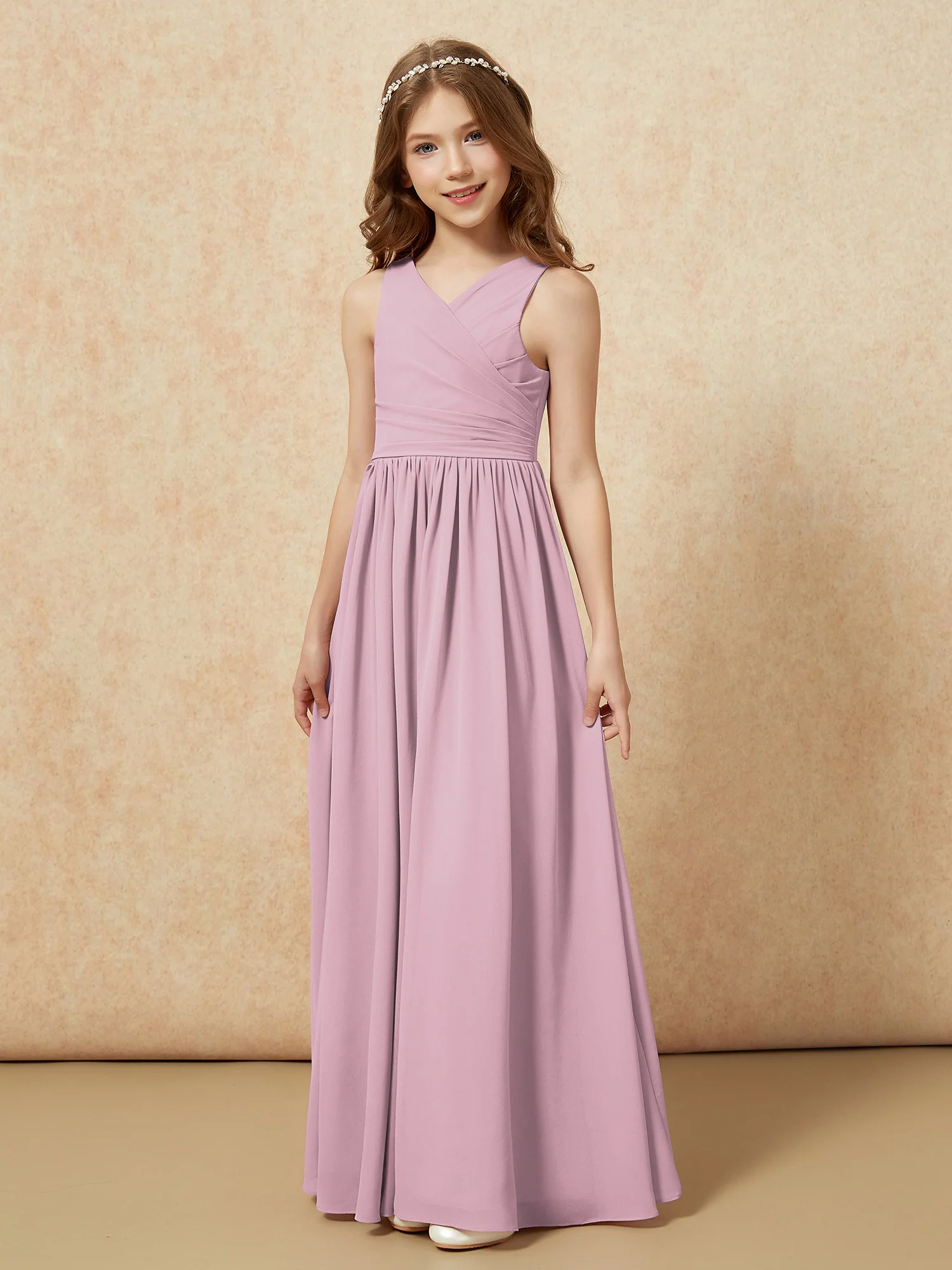 Pleated V-neck Chiffon Long Junior Bridesmaid Dresses Vintage Mauve - Image 3