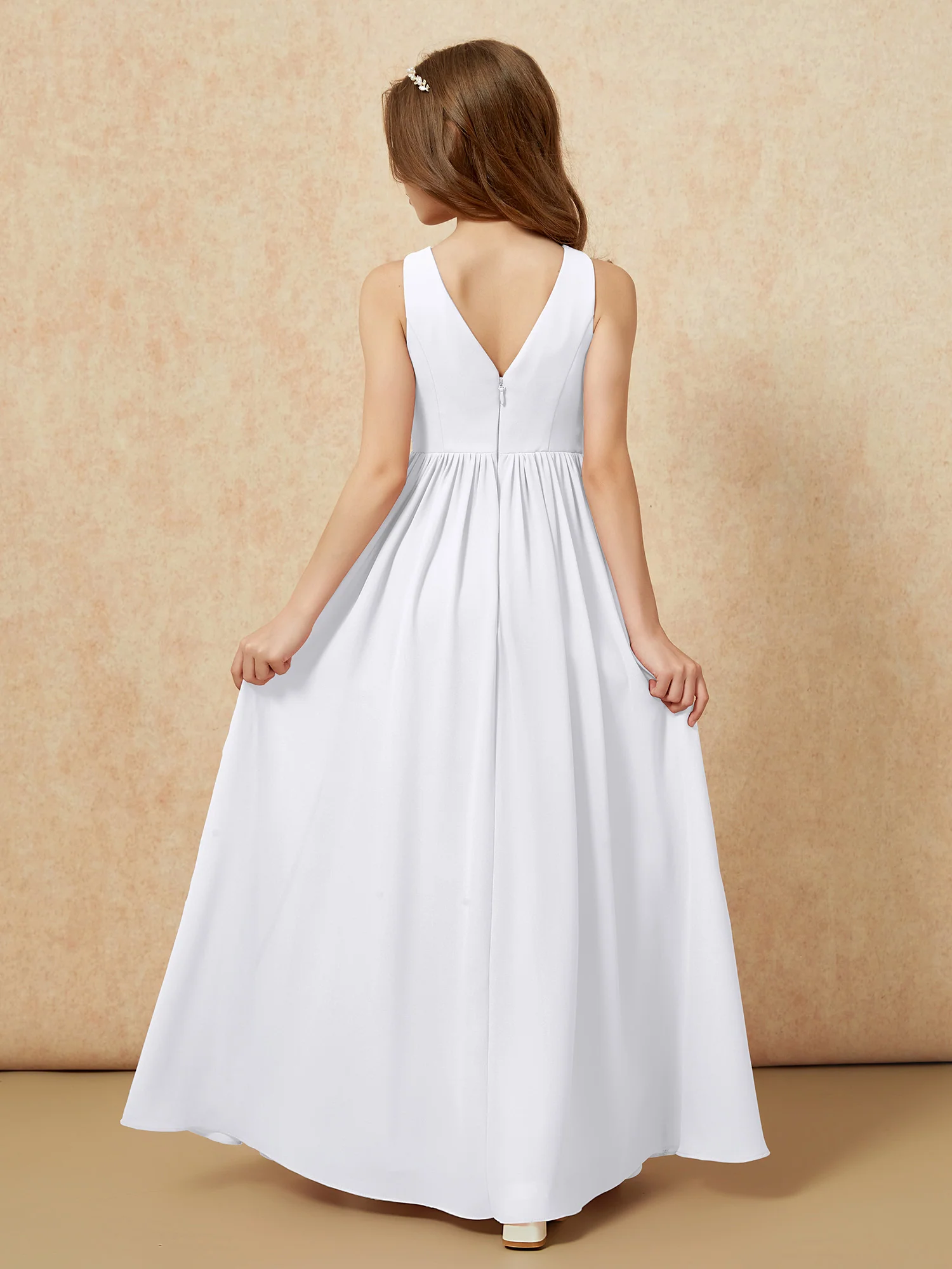 Pleated V-neck Chiffon Long Junior Bridesmaid Dresses White - Image 2