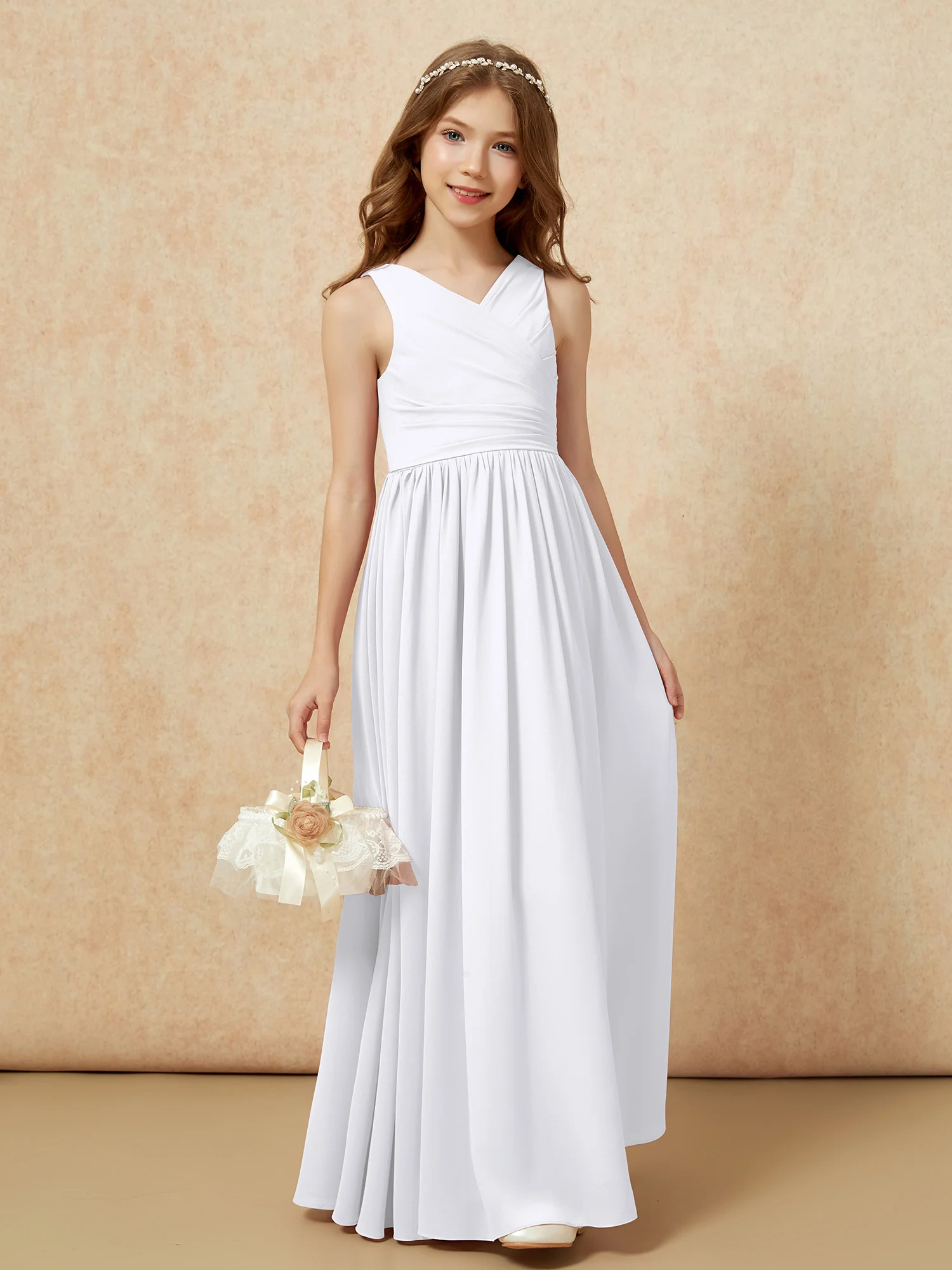 Pleated V-neck Chiffon Long Junior Bridesmaid Dresses White - Image 4