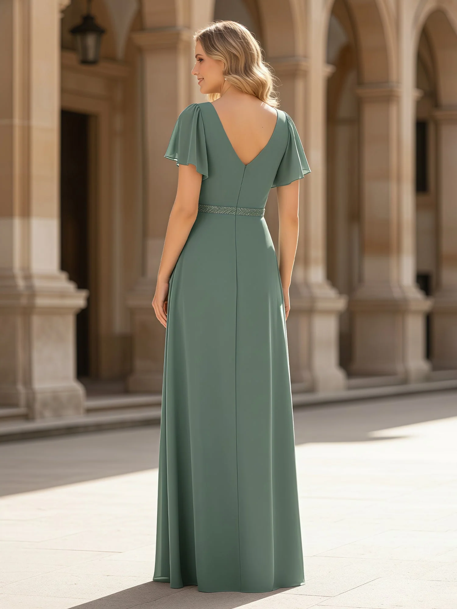 Pleated V-neck Chiffon Long Slit Dress With Rhinestone Spa - Image 2