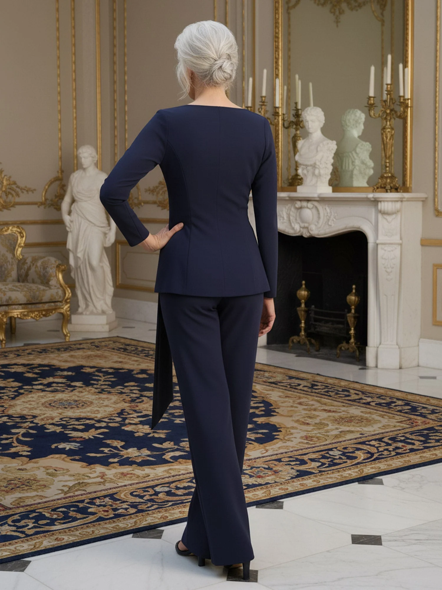 Pleated V-neck Long Sleeve Pant Suit With Bow Dark Green - Image 2