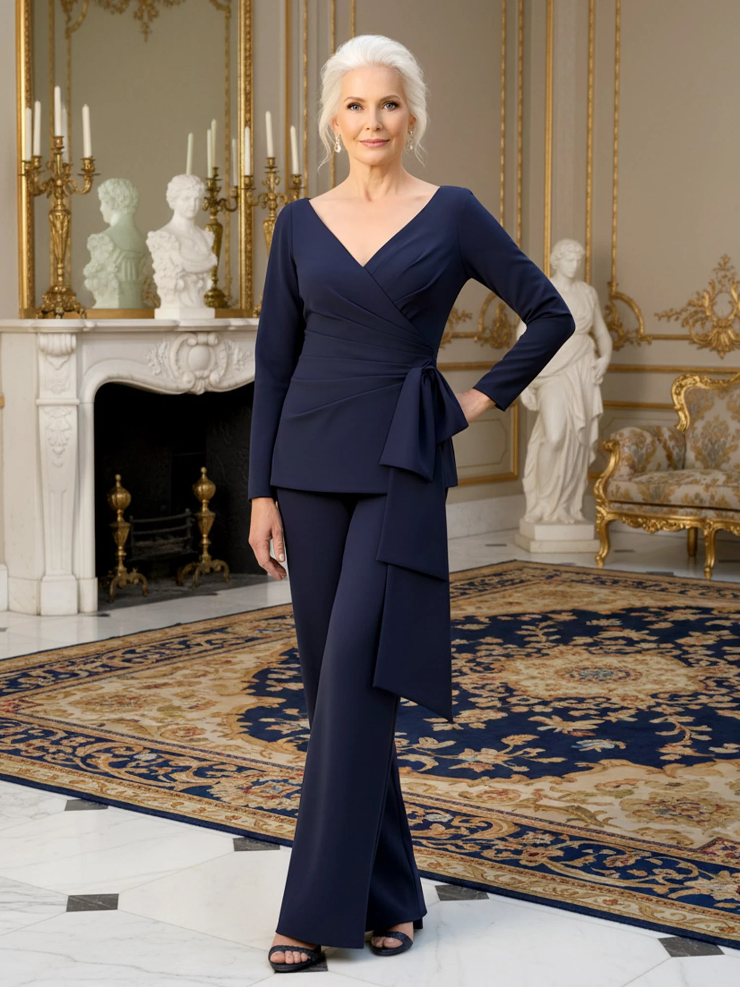 Pleated V-neck Long Sleeve Pant Suit With Bow Ink Blue