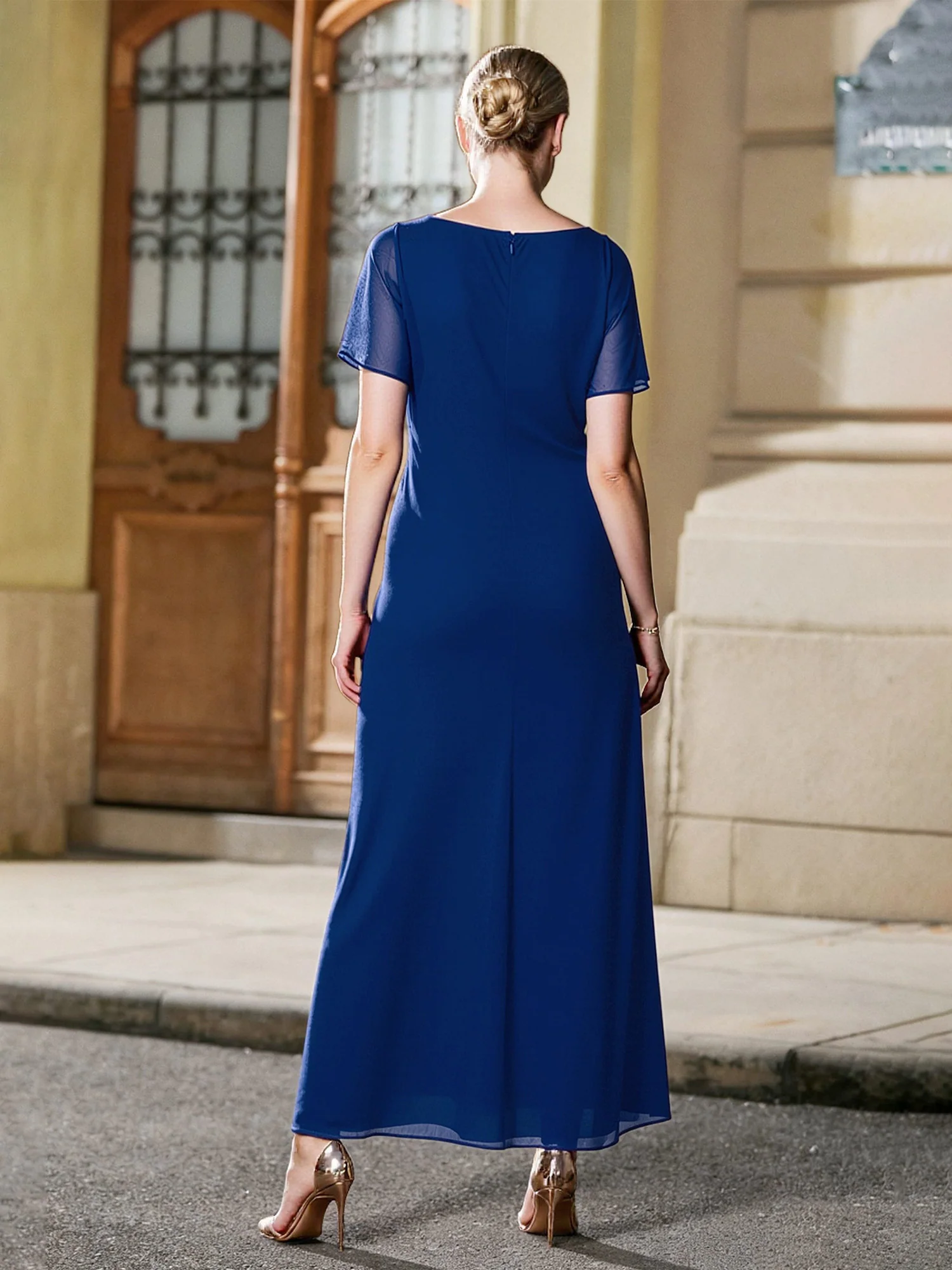 Pleated V-neck Ruffles Long Dress With Rhinestone Royal Blue - Image 2