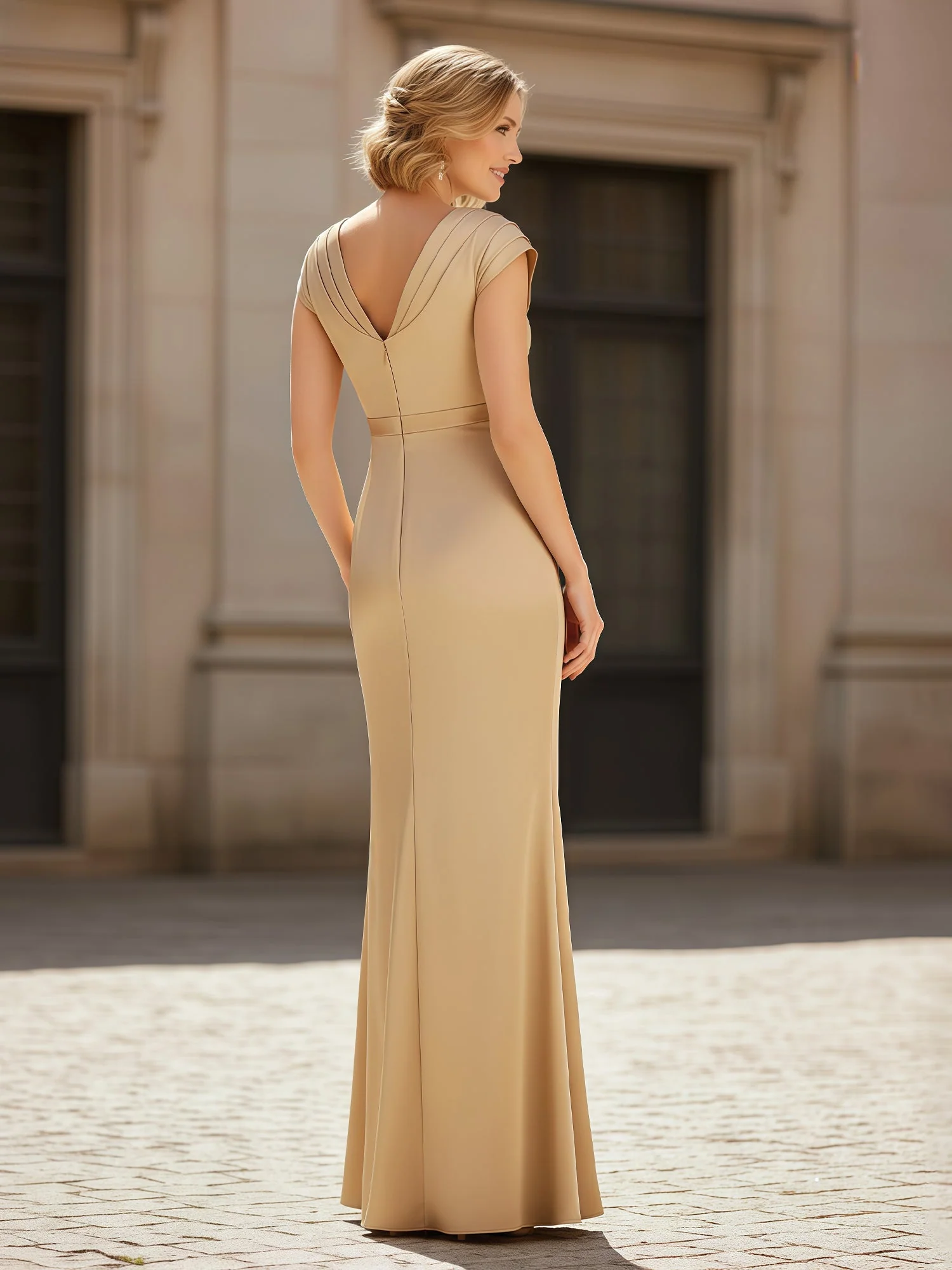 Pleated V-neck Sheath Long Dress With Ruffles Marigold - Image 2