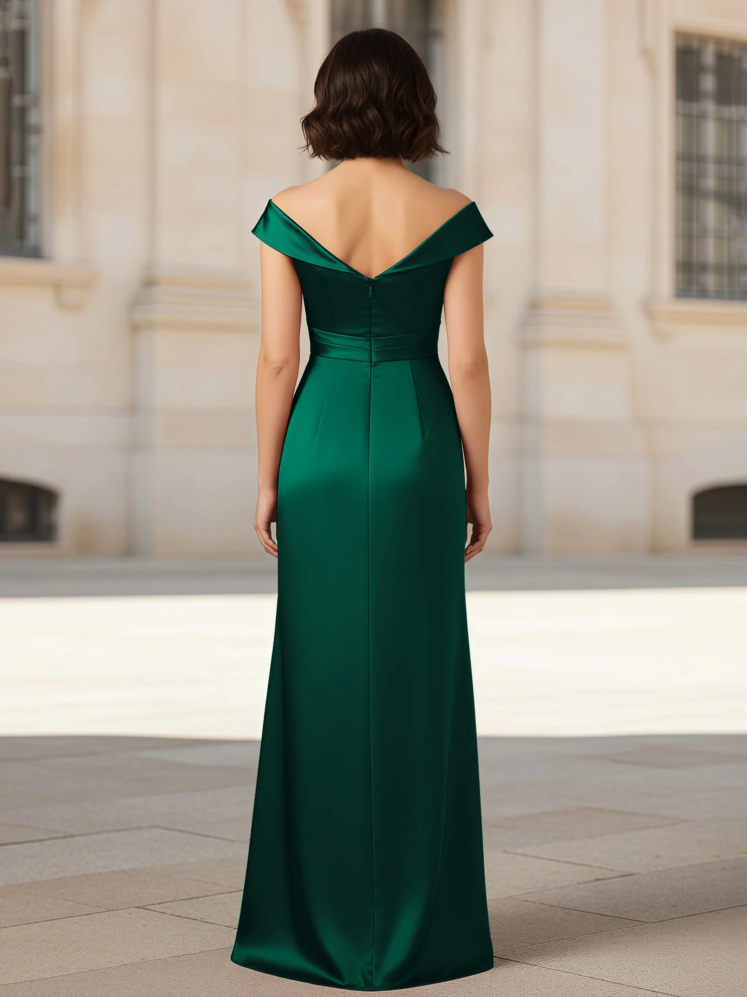 Pleated V-neck Stretch Satin Bodycon Dress Dark Green - Image 2