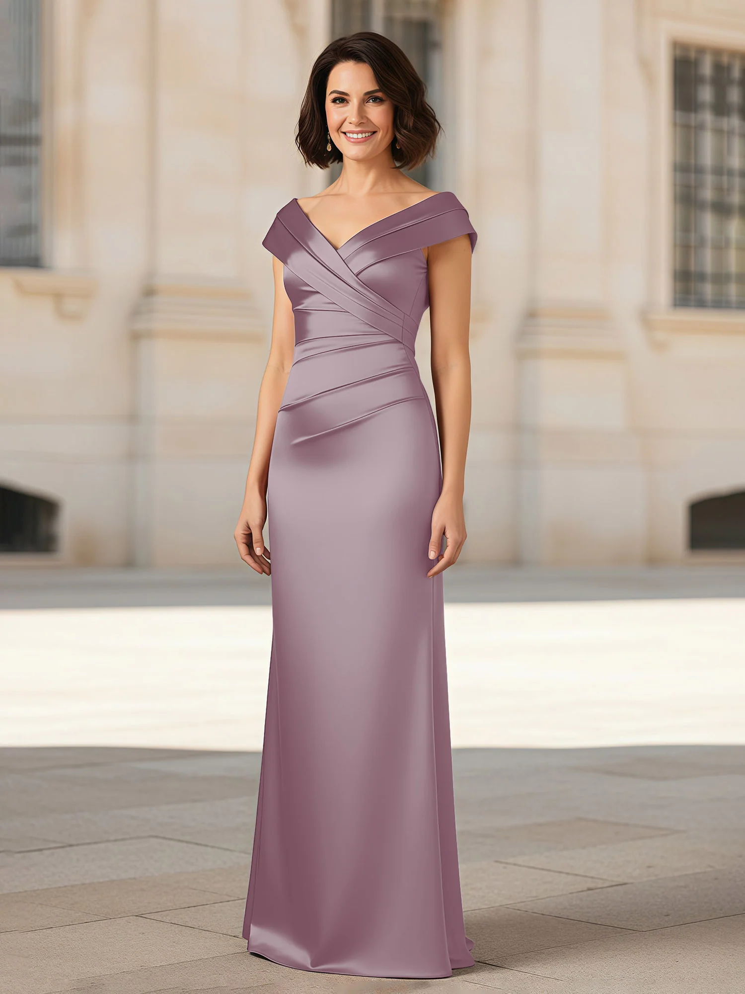 Pleated V-neck Stretch Satin Bodycon Dress Dusk